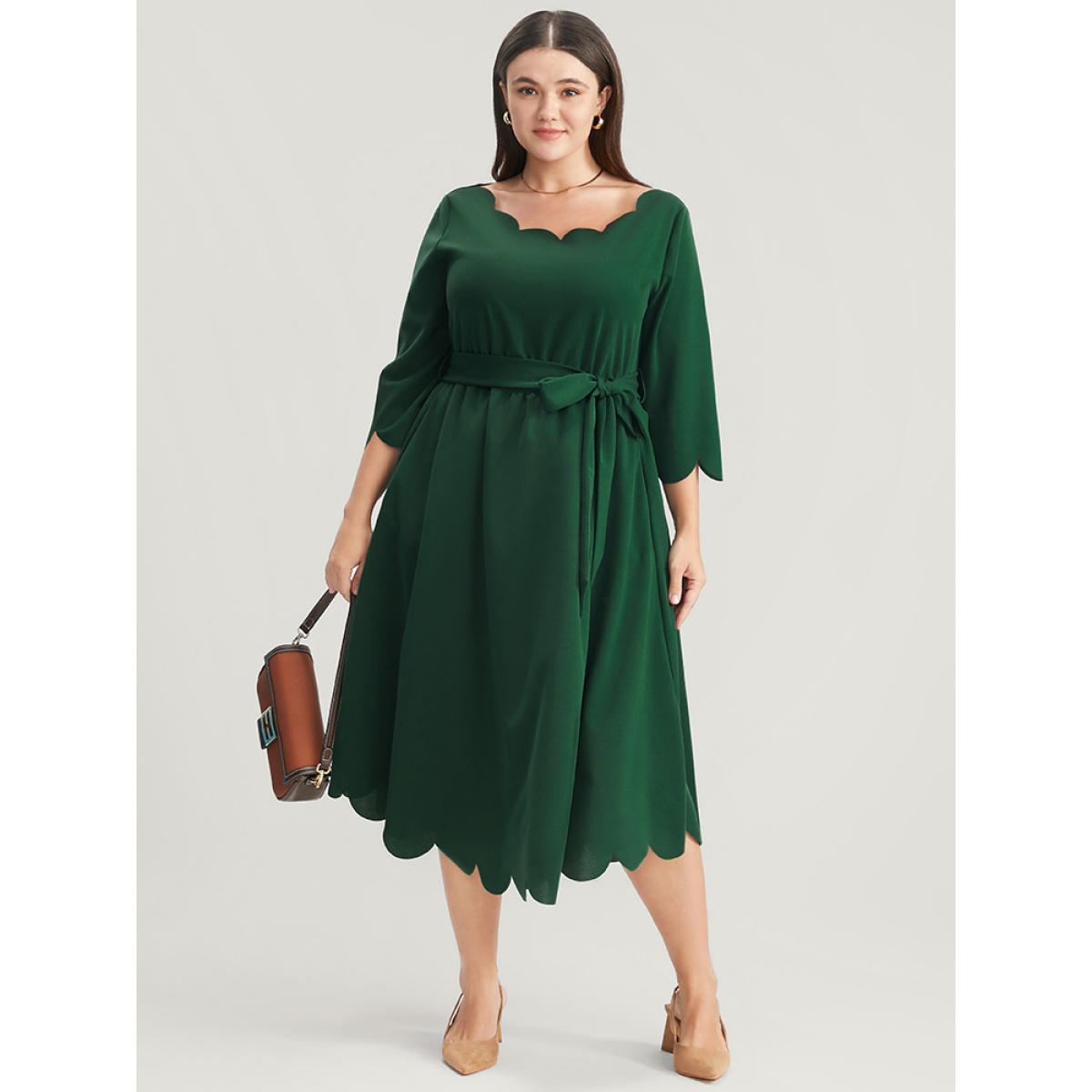 Plus Size Solid Pocket Scalloped Trim Belted Midi Dress Green Women Elegant Pocket Round Neck Elbow-length sleeve Curvy Midi Dress BloomChic 14-16/1X Product Image