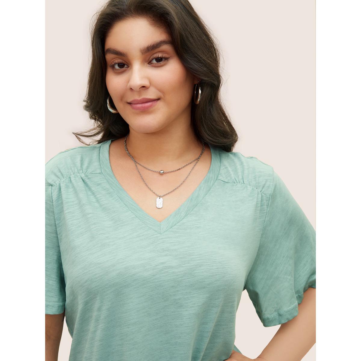 Plus Size Plain Ruffle Sleeve Heather V Neck T-shirt Mint Women Casual Plain V-neck Everyday T-shirts BloomChic 18-20/2X Product Image