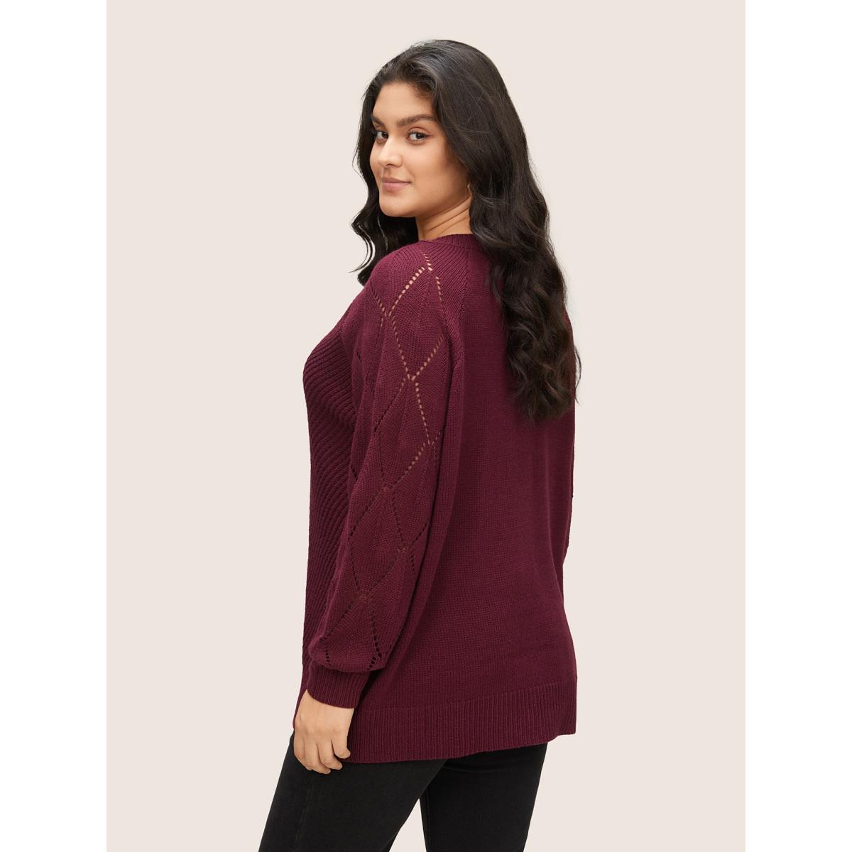 Plus Size Solid Hollow Out Raglan Sleeve Pullover Burgundy Women Casual Loose Long Sleeve V-neck Dailywear Pullovers BloomChic 28/5X Product Image