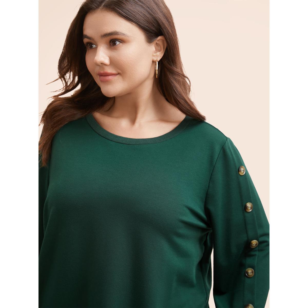 Plus Size Crew Neck Patchwork Button Detail Sweatshirt Women DarkGreen Casual Patchwork Round Neck Everyday Sweatshirts BloomChic 12/L Product Image