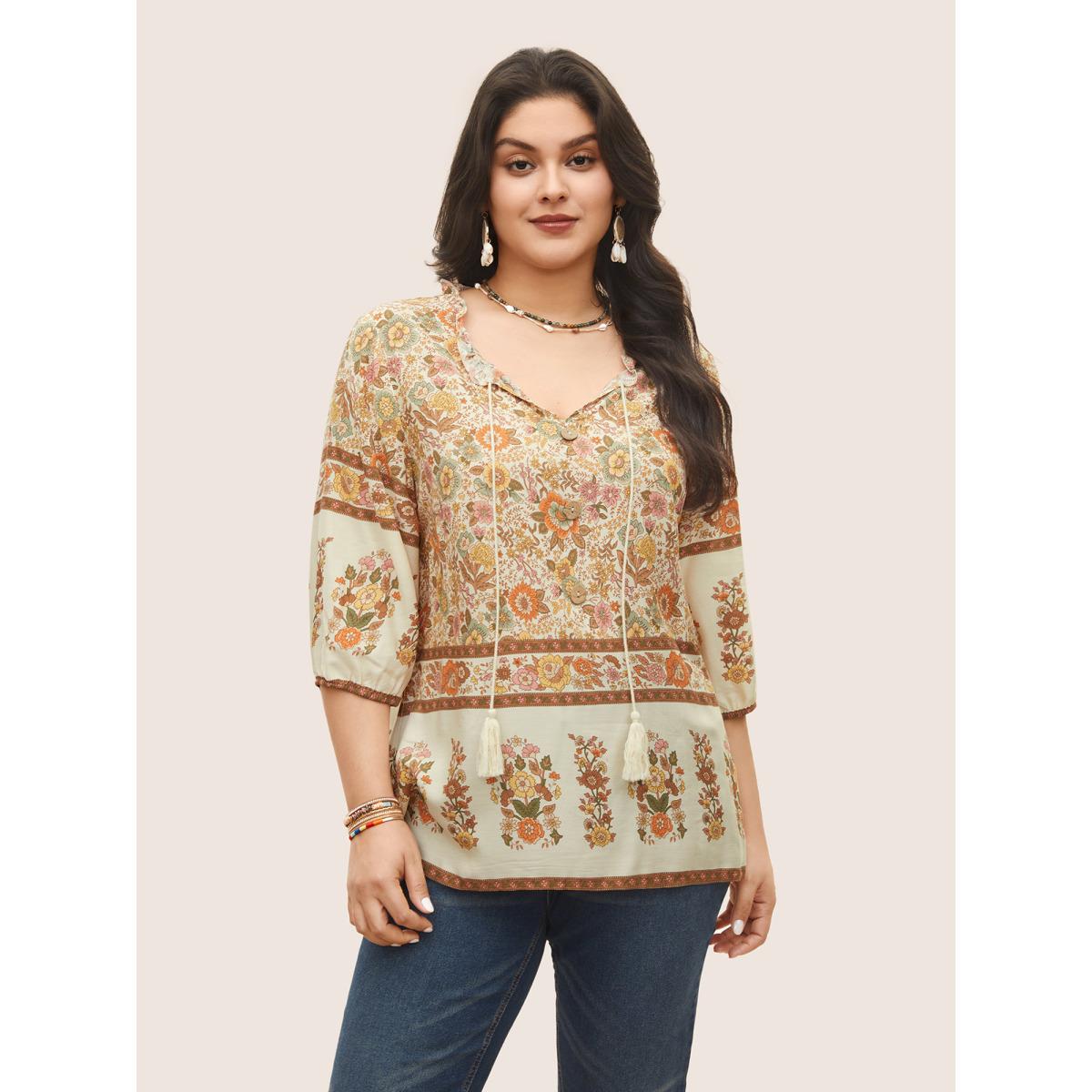 Plus Size Apricot Rayon Boho Print Button Detail Tie Neck Blouse Women Resort Elbow-length sleeve Notched collar Vacation Blouses BloomChic 10/M Product Image