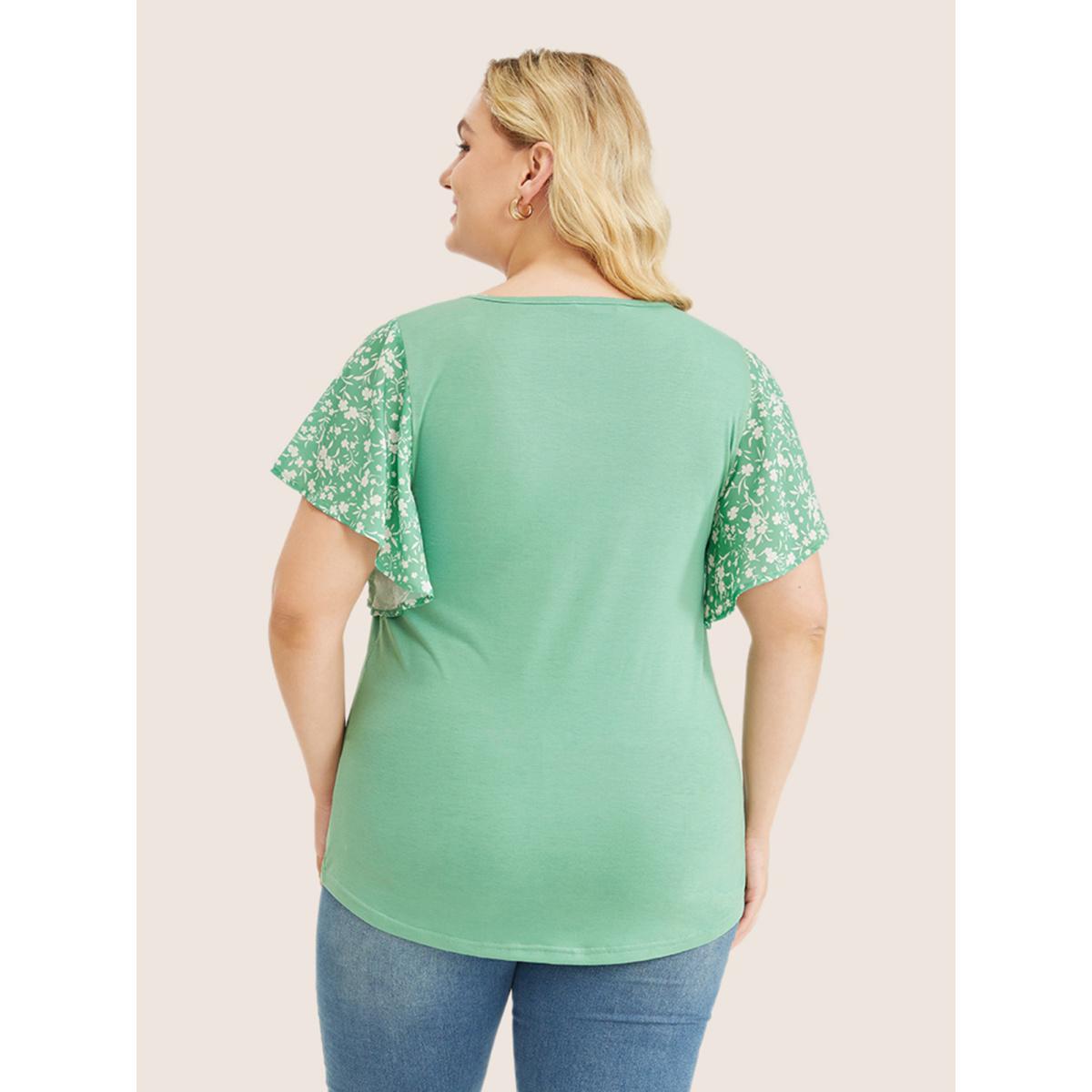 Plus Size Ditsy Floral Ruffle Sleeve Round Neck T-Shirt Mint Women Elegant Ditsy Floral Everyday T-shirts BloomChic 30/6X Product Image