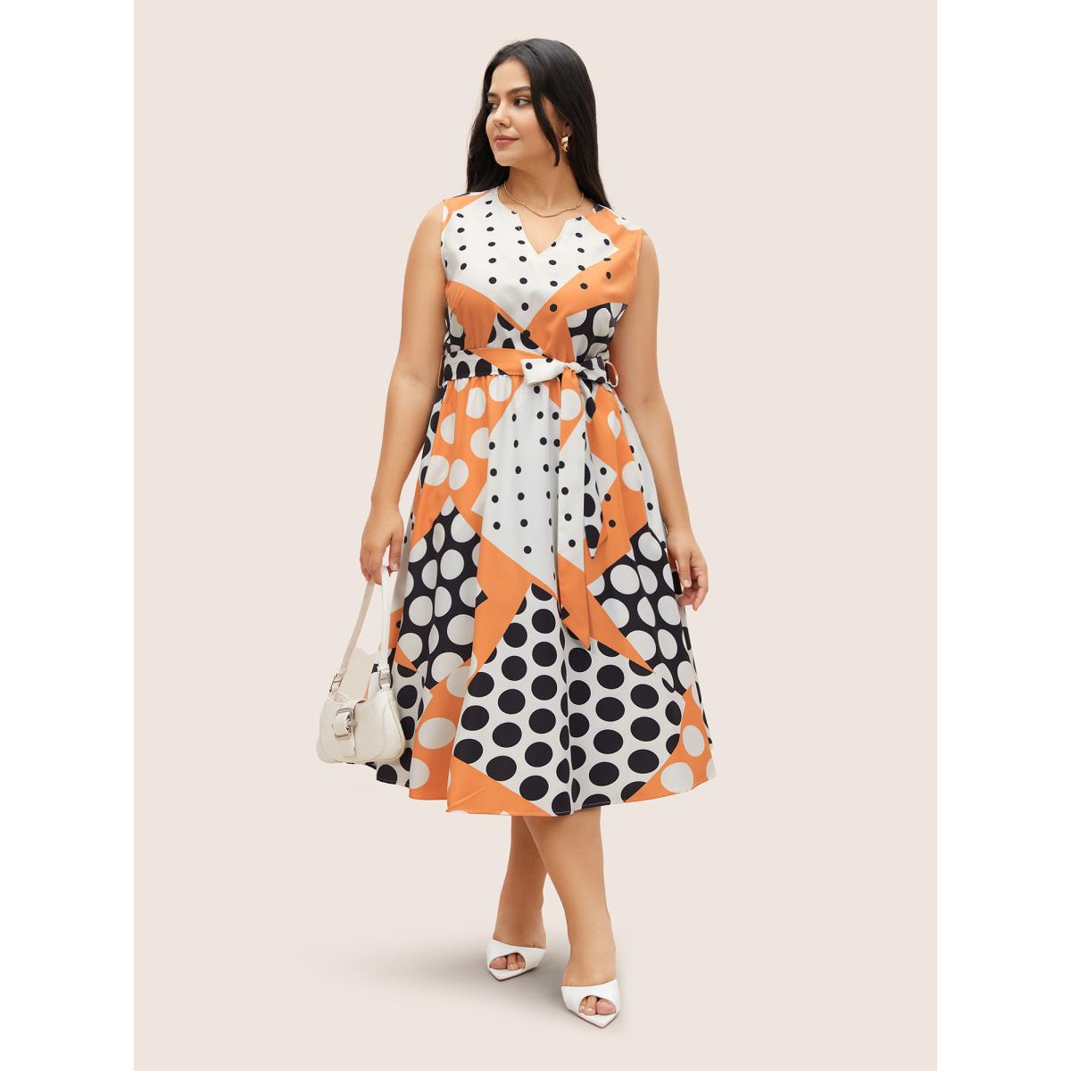 Plus Size Polka Dot Contrast Notched Collar Belted Dress Orange Women At the Office Belted Notched collar Sleeveless Curvy Midi Dress BloomChic 14-16/1X Product Image