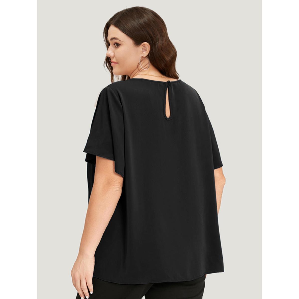 Plus Size Black Plain Cut Out Flutter Sleeve Pleated Blouse Women Office Short sleeve V-neck Work Blouses BloomChic 28/5X Product Image