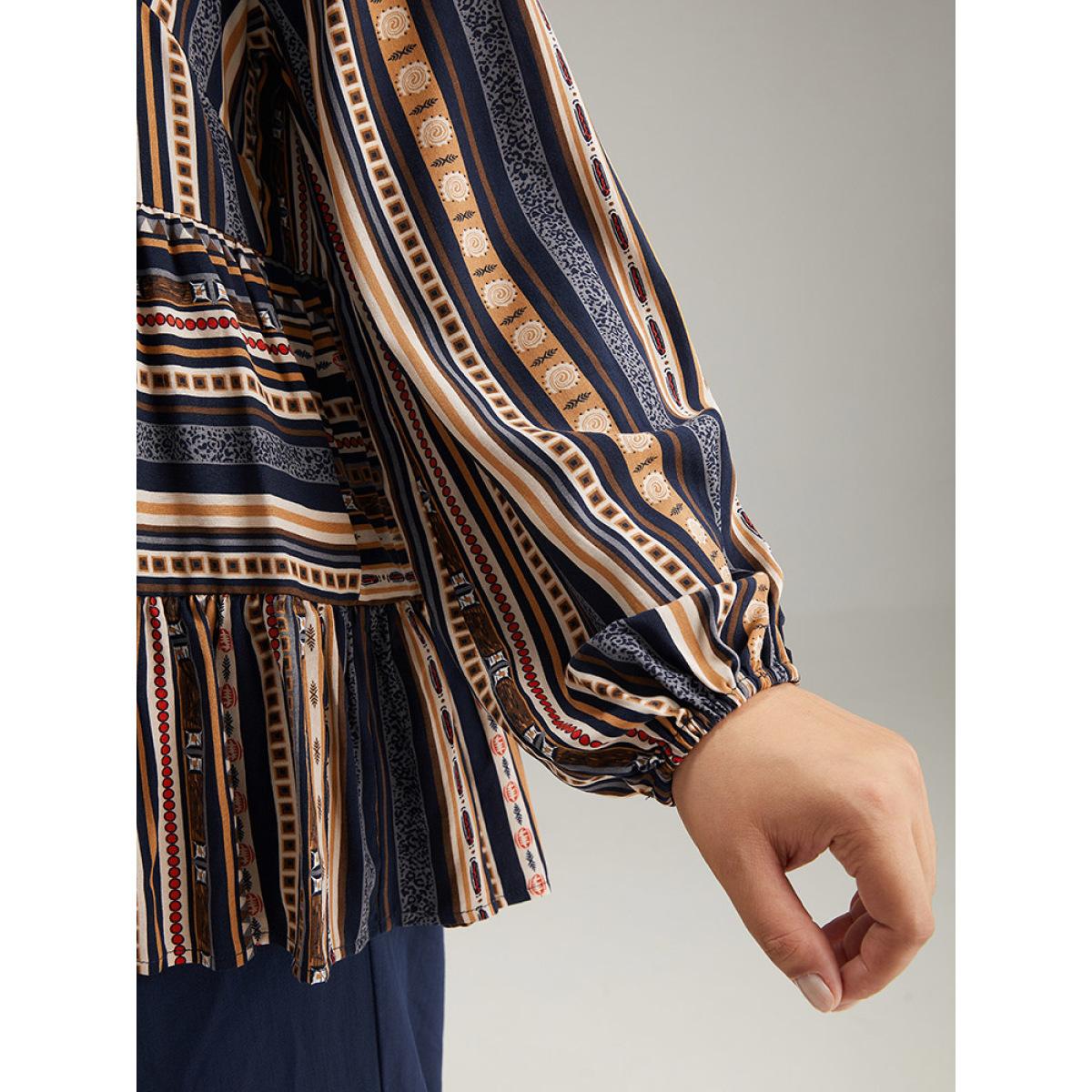 Plus Size Indigo Bandana Stried Crew Neck Gathered Blouse Women Vacation Long Sleeve Round Neck Dailywear Blouses BloomChic 22-24/3X Product Image