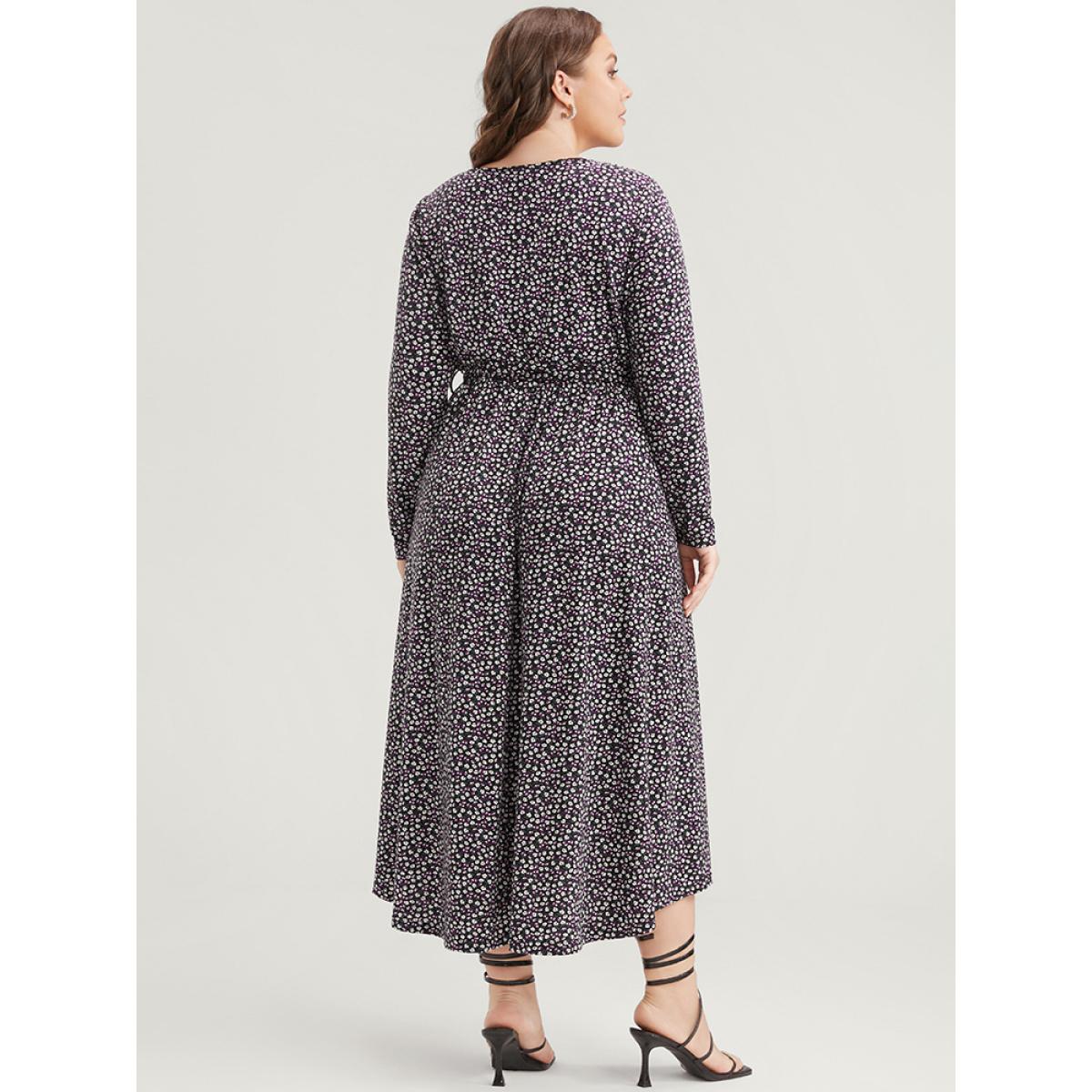 Plus Size Ditsy Floral Pocket Pocket Belted Asymmetrical Hem Dress Midnight Women Elegant V-neck Long Sleeve Curvy Midi Dress BloomChic 26/4X Product Image