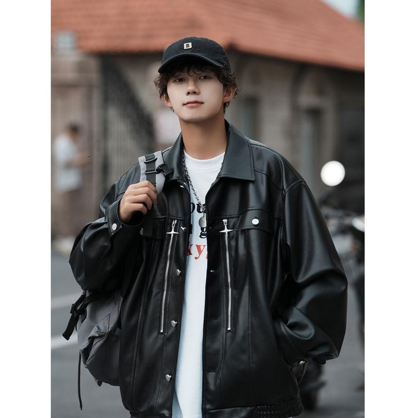 Collared Plain Zipped Button-Up Faux Leather Jacket Product Image