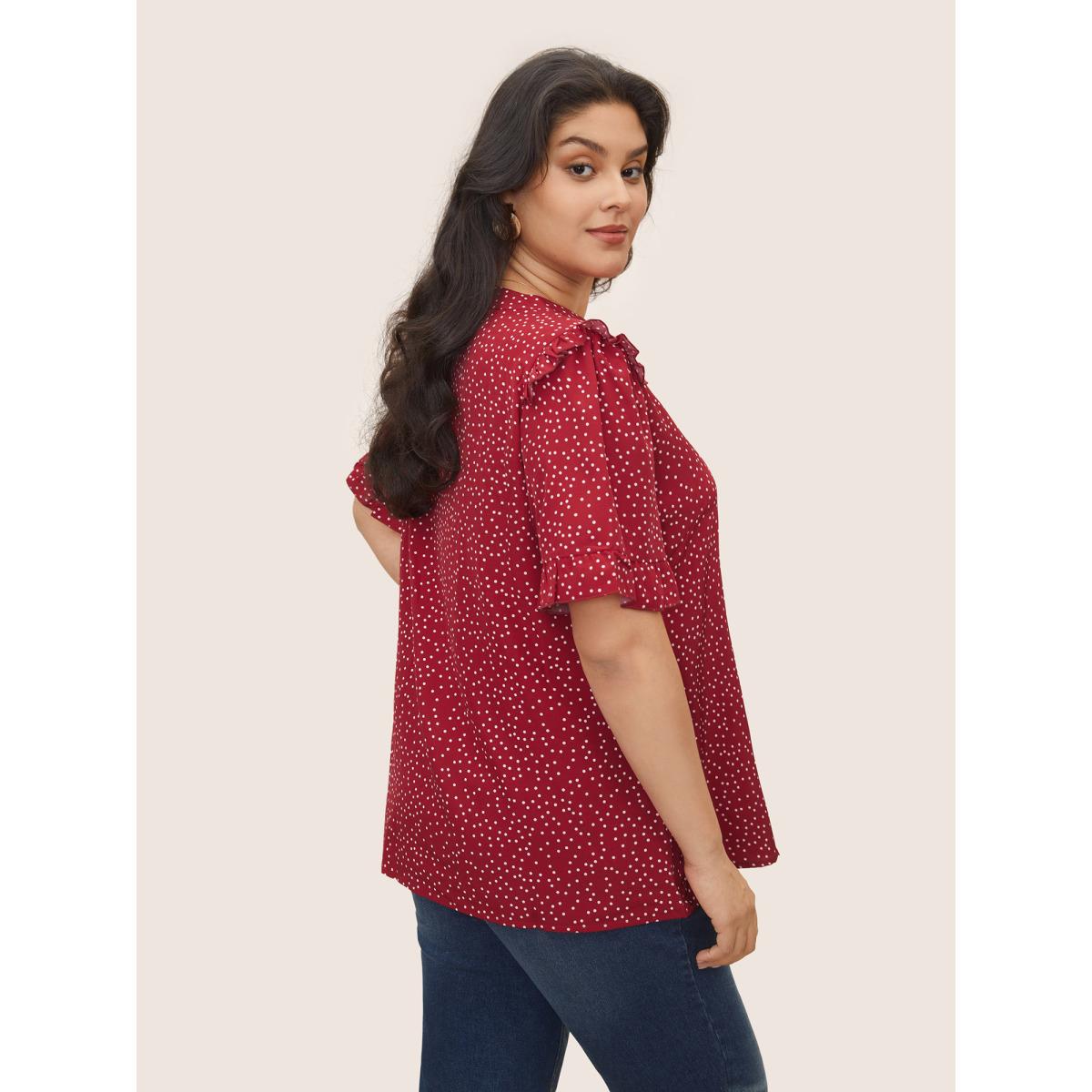 Polka Dot Ruffles Plus Size Women Blouses Elegance Casual Ruffles Ruffle Sleeve Short Sleeve V Neck Dailywear Blouses BloomChic Product Image