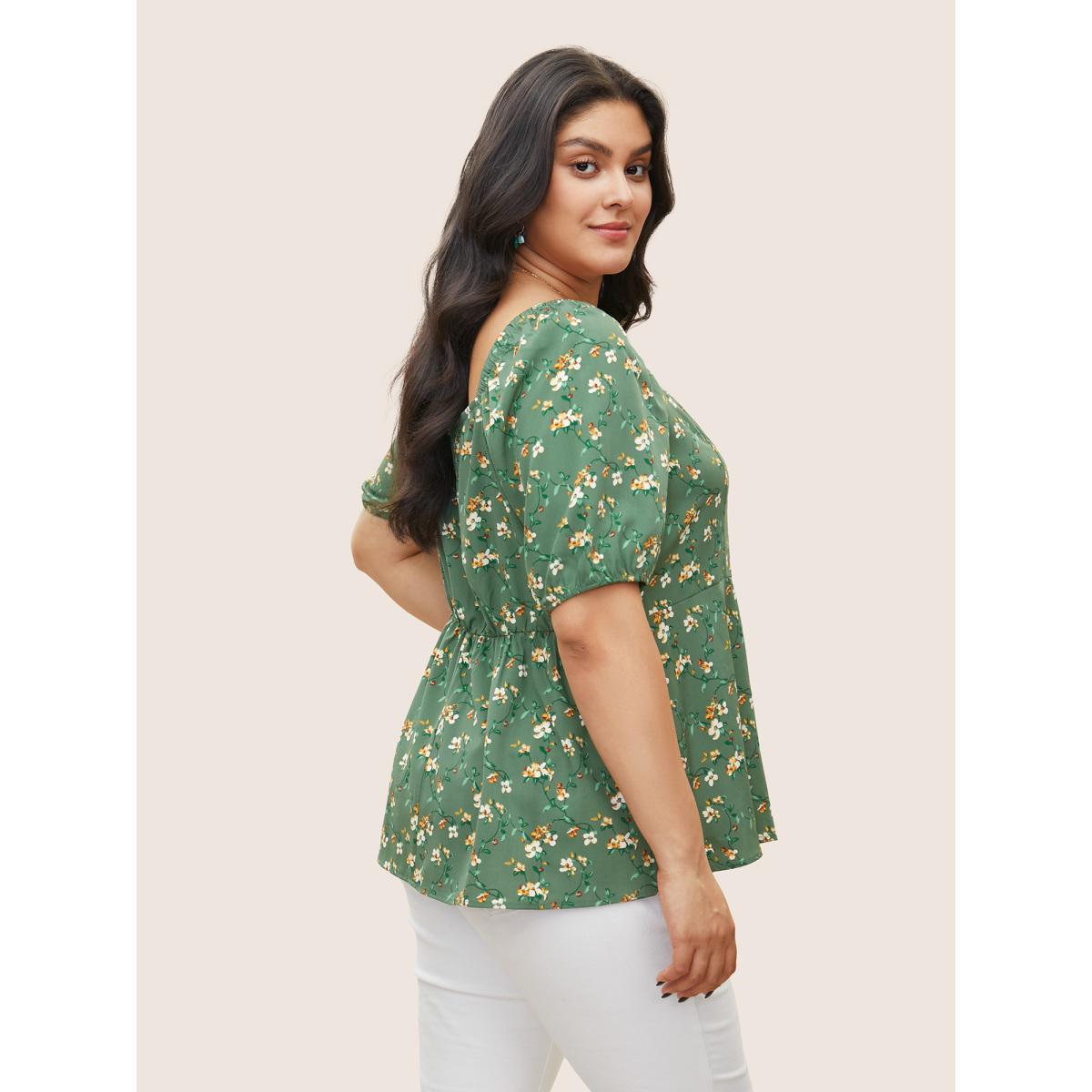 Plus Size Green Square Neck Ditsy Floral Gathered Blouse Women Elegant Short sleeve Square Neck Everyday Blouses BloomChic 12/L Product Image