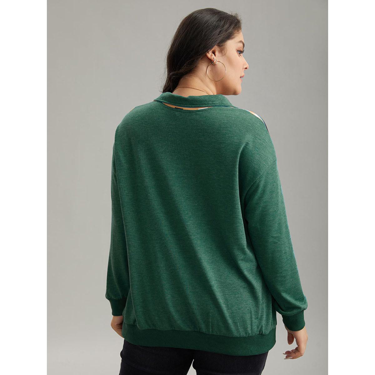 Plus Size Polo Bandana Print Zipper Sweatshirt Women Green Casual Elastic cuffs Polo Dailywear Sweatshirts BloomChic 18-20/2X Product Image