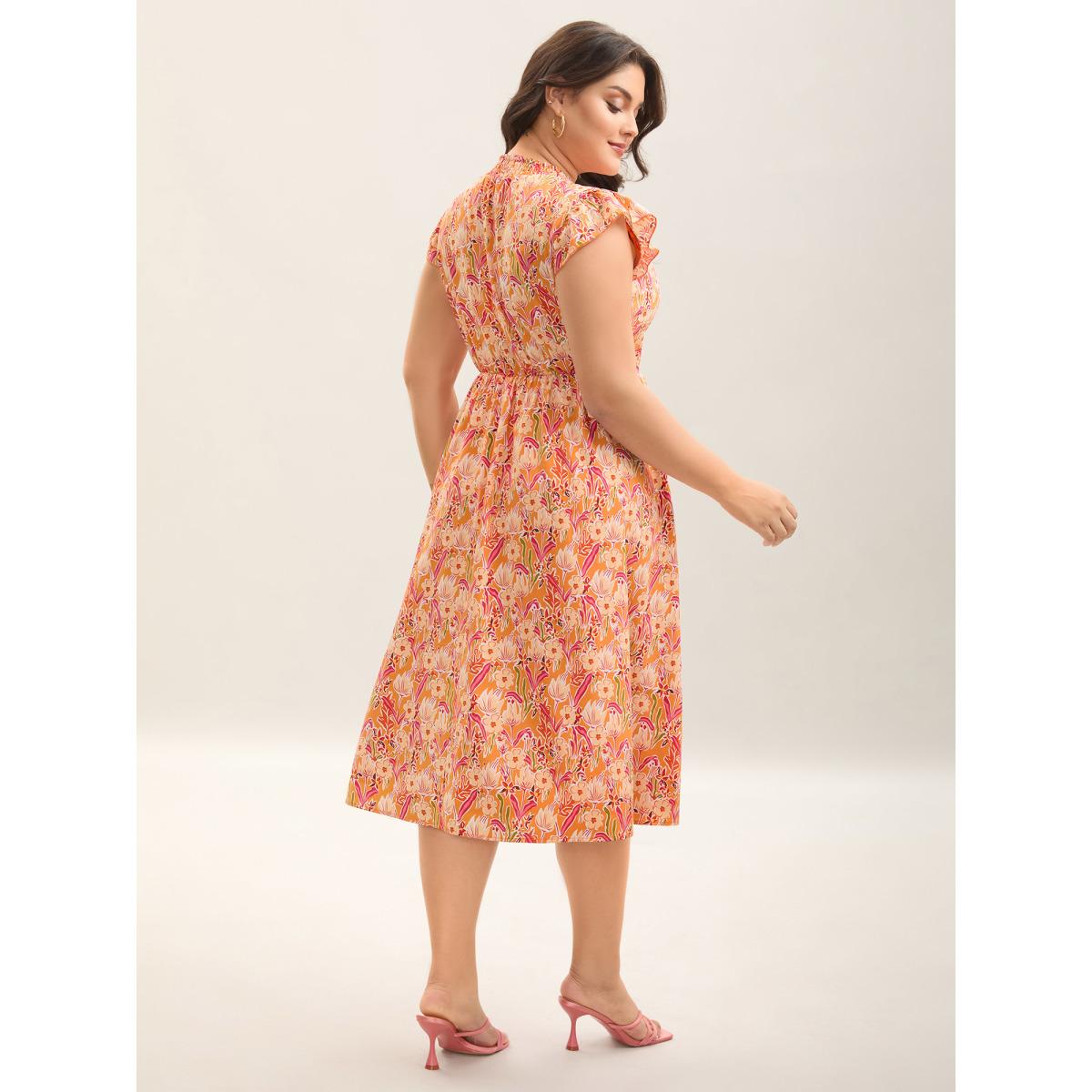 Plus Size Floral Print Shirred Pockets Midi Dress Coral Women Romantic Frill Trim Mock Neck Cap Sleeve Curvy BloomChic 18-20/2X Product Image