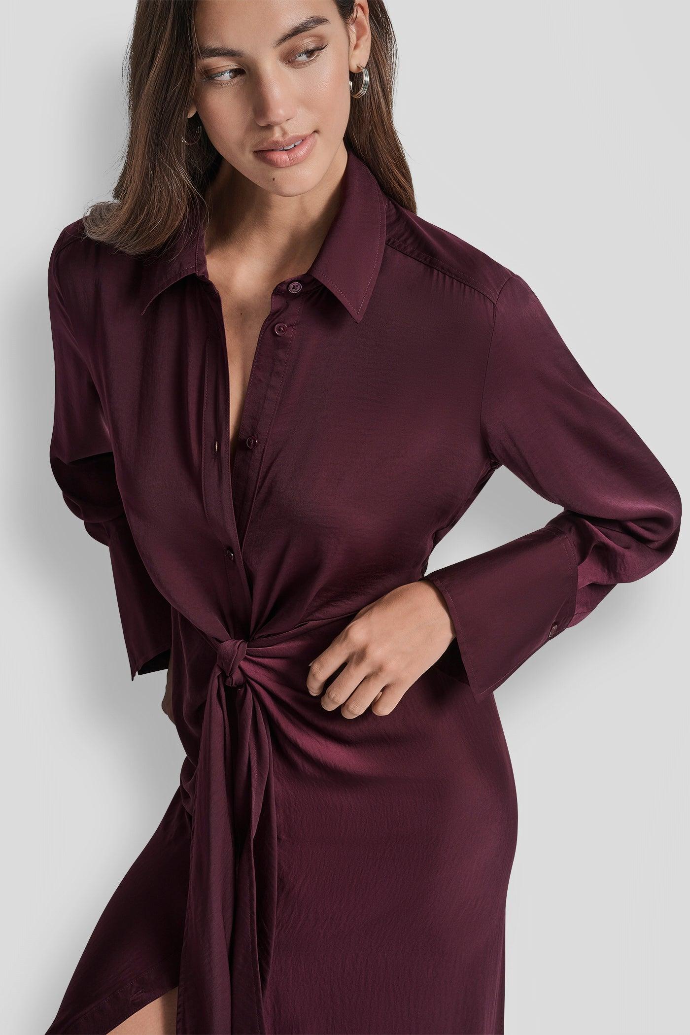 LONG SLEEVE BUTTON FRONT SHIRT DRESS WITH TIE WAIST Product Image