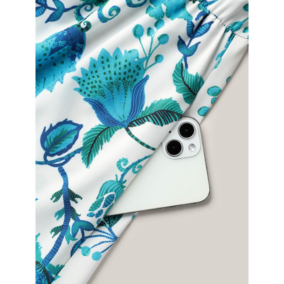 Plus Size Boho Print Notched Collar Midi Dress Teal Women Boho Non Flat collar with V-notch Short sleeve Curvy BloomChic 26/4X Product Image