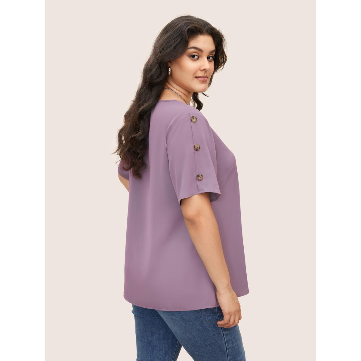 Plus Size Mauve Plain Round Neck Button Detail Blouse Women Casual Short sleeve Round Neck Everyday Blouses BloomChic 14-16/1X Product Image