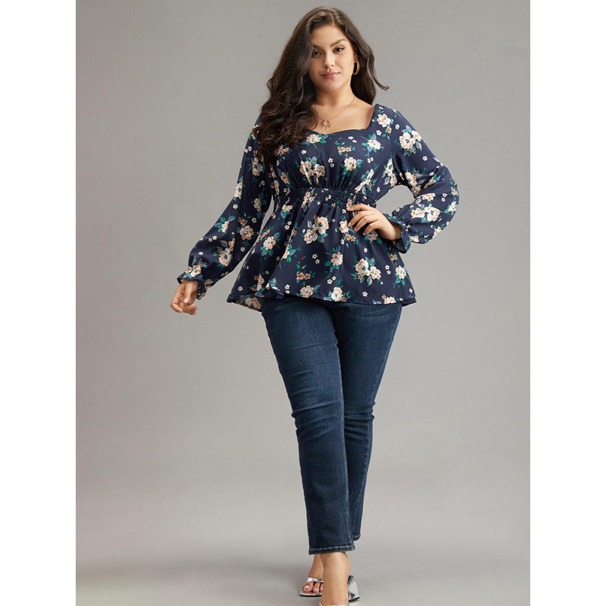 Plus Size Indigo Floral Square Neck Shirred Lantern Sleeve Blouse Women Elegant Long Sleeve Square Neck Dailywear Blouses BloomChic 28/5X Product Image