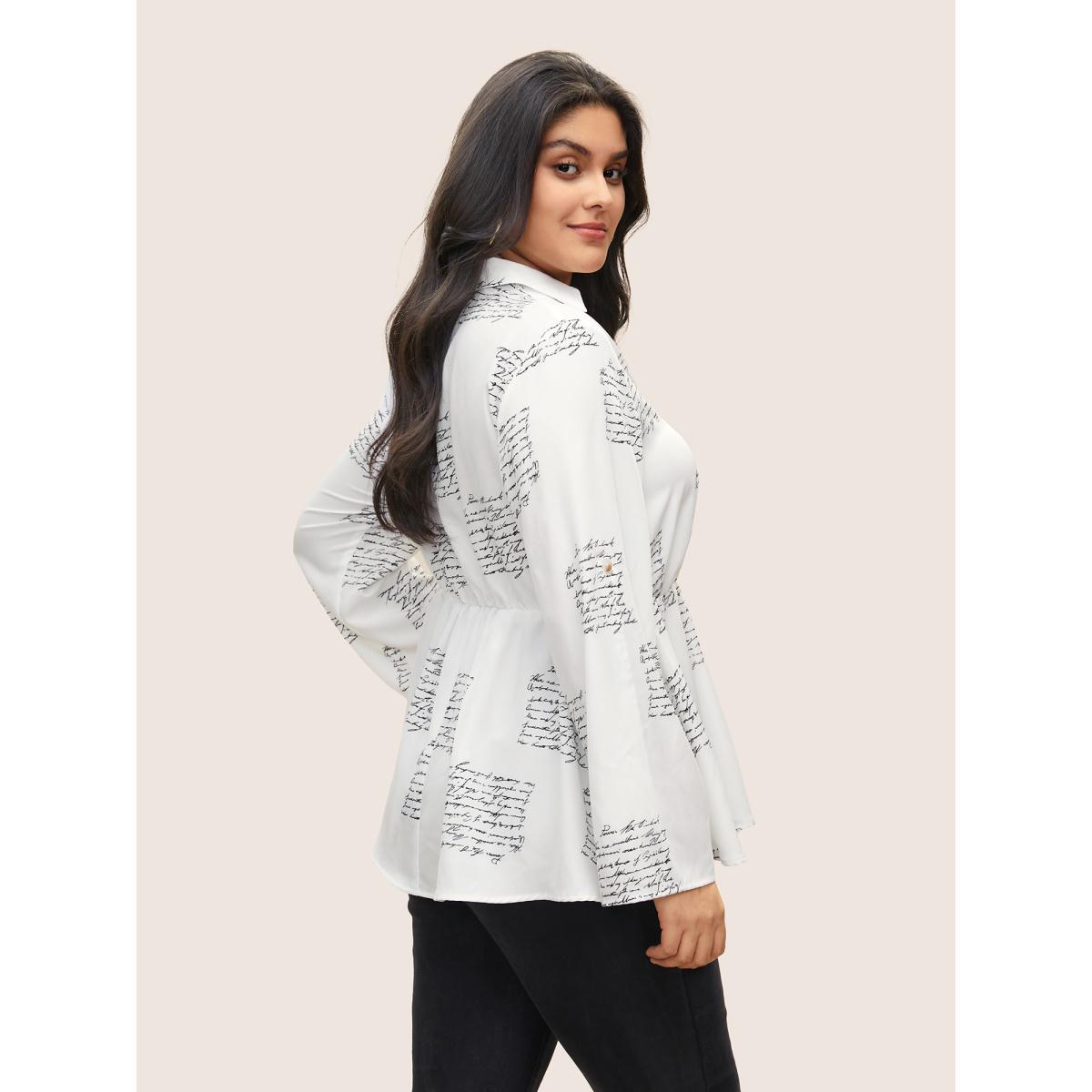 Plus Size White Letter Elastic Waist Button Detail Blouse Women At the Office Long Sleeve V-neck Work Blouses BloomChic 22-24/3X Product Image