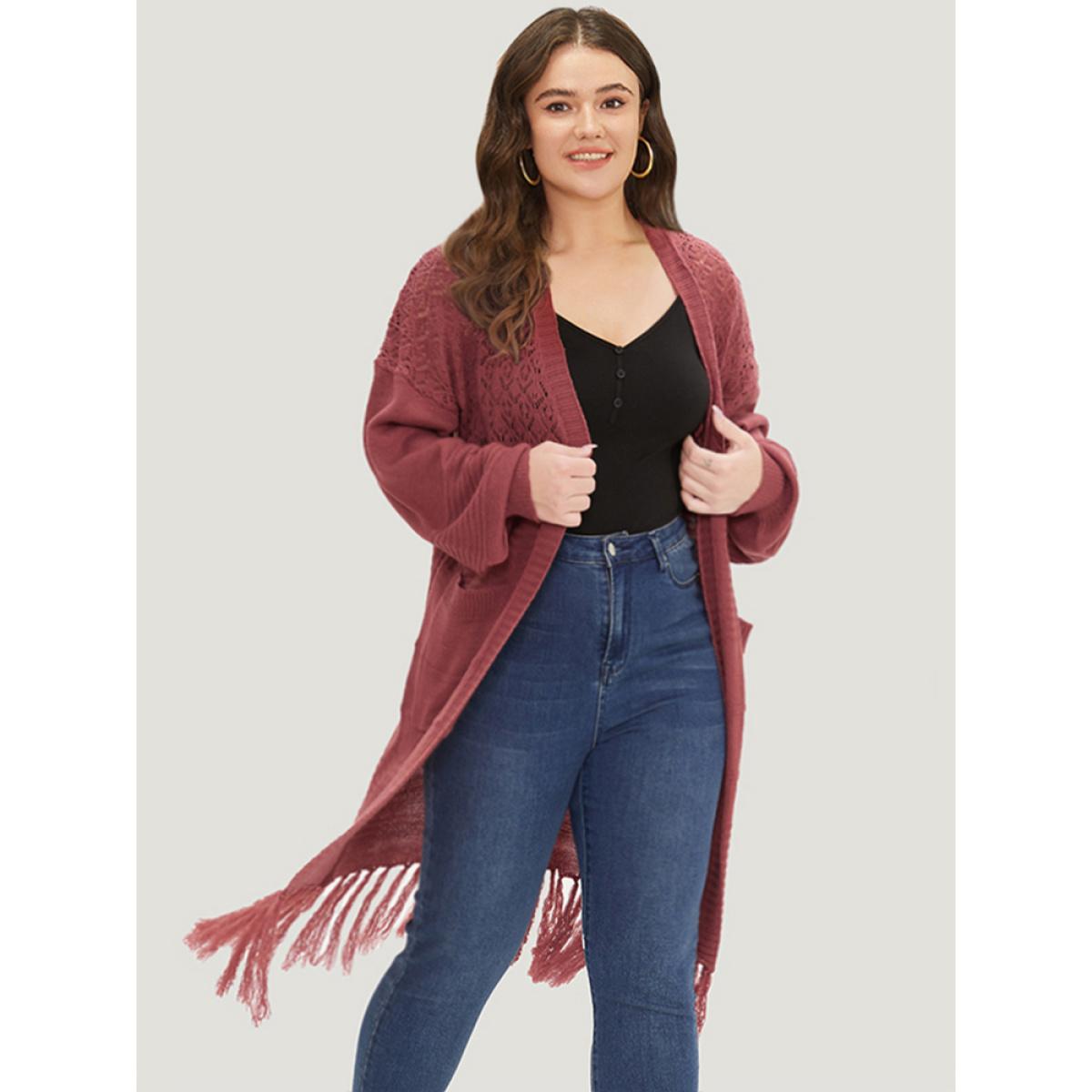 Plus Size Plain Fringe Trim Patched Pocket Cardigan Russet Women Casual Loose Long Sleeve Dailywear Cardigans BloomChic 28/5X Product Image