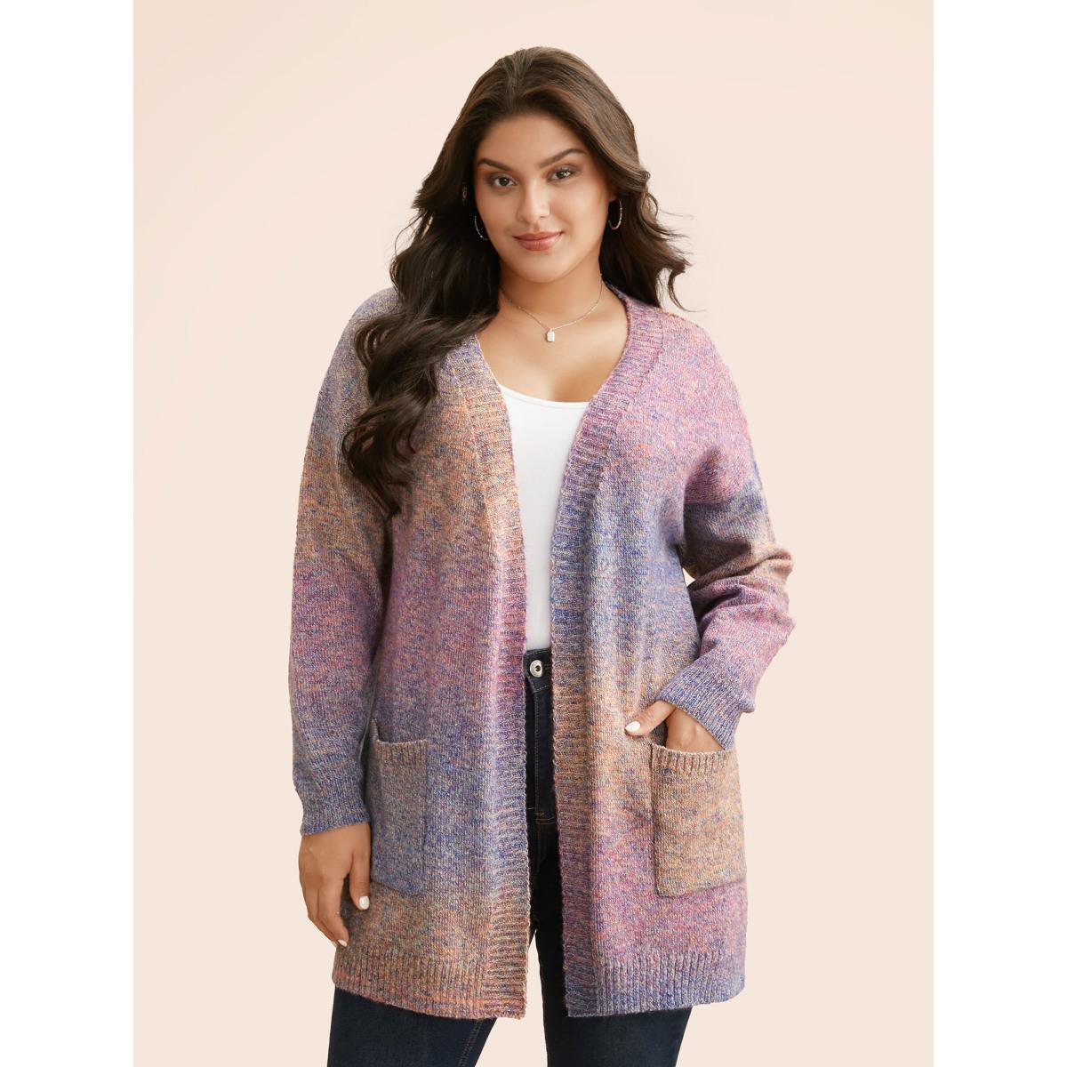 Plus Size Gradient Dyeing Patch Pocket Cardigan Multicolor Women Casual Loose Long Sleeve Everyday Cardigans BloomChic 26/4X Product Image