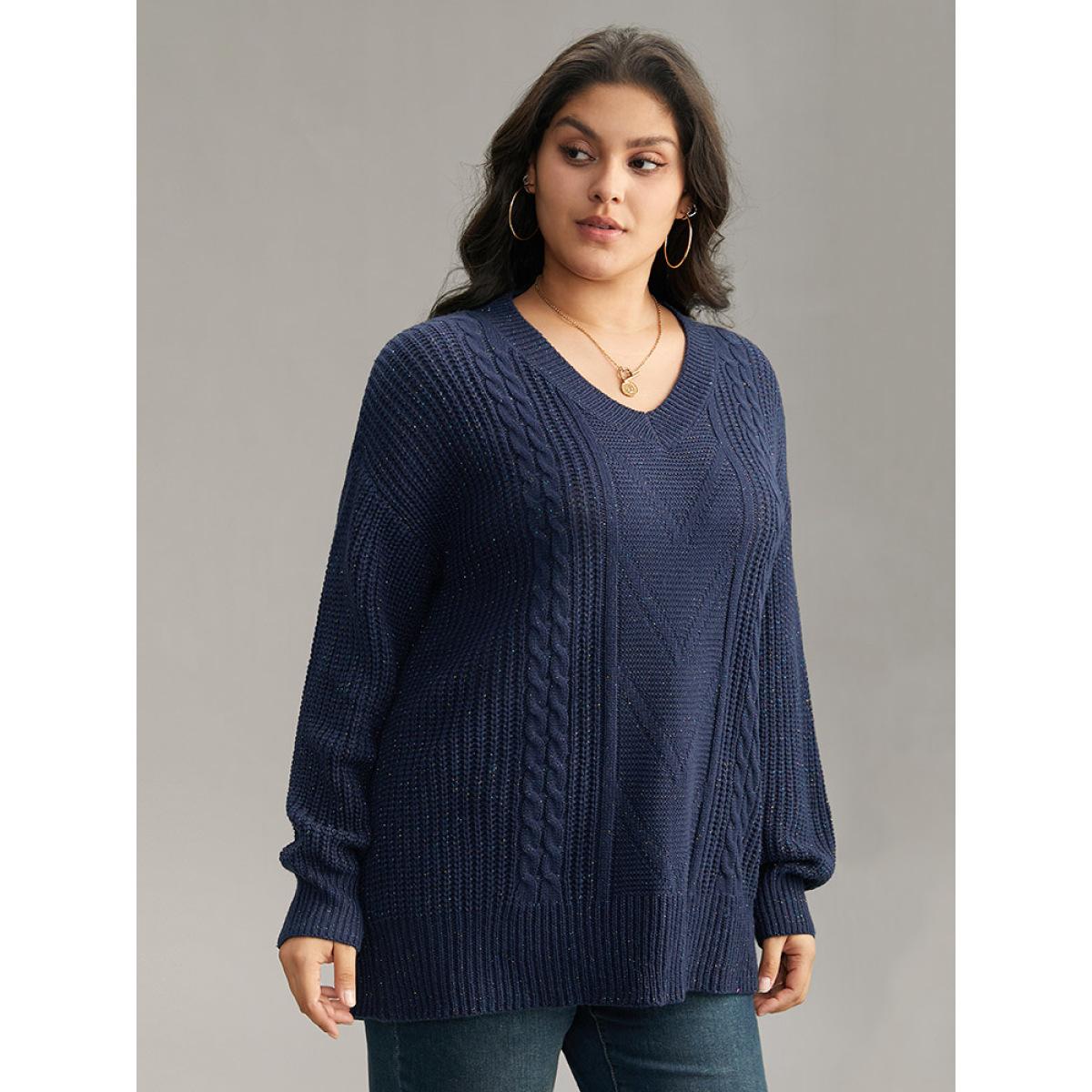 Plus Size Cable Knit Lurex V Neck Pullover Indigo Women Casual Loose Long Sleeve V-neck Dailywear Pullovers BloomChic 18-20/2X Product Image