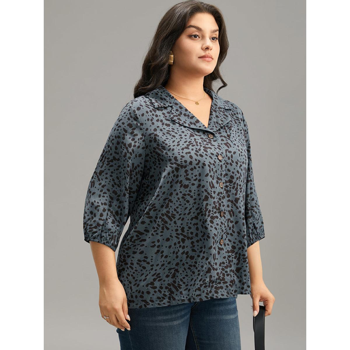 Plus Size Stone Leopard Suit Collar Elastic Cuffs Button Through Blouse Women Office Elbow-length sleeve Suit Collar Office Blouses BloomChic 30/6X Product Image