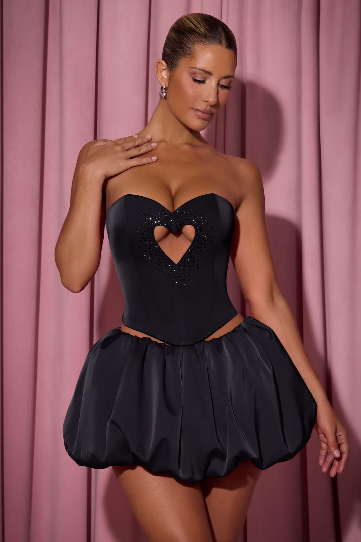 Embellished Heart Cut-Out Strapless Corset Top in Black Product Image
