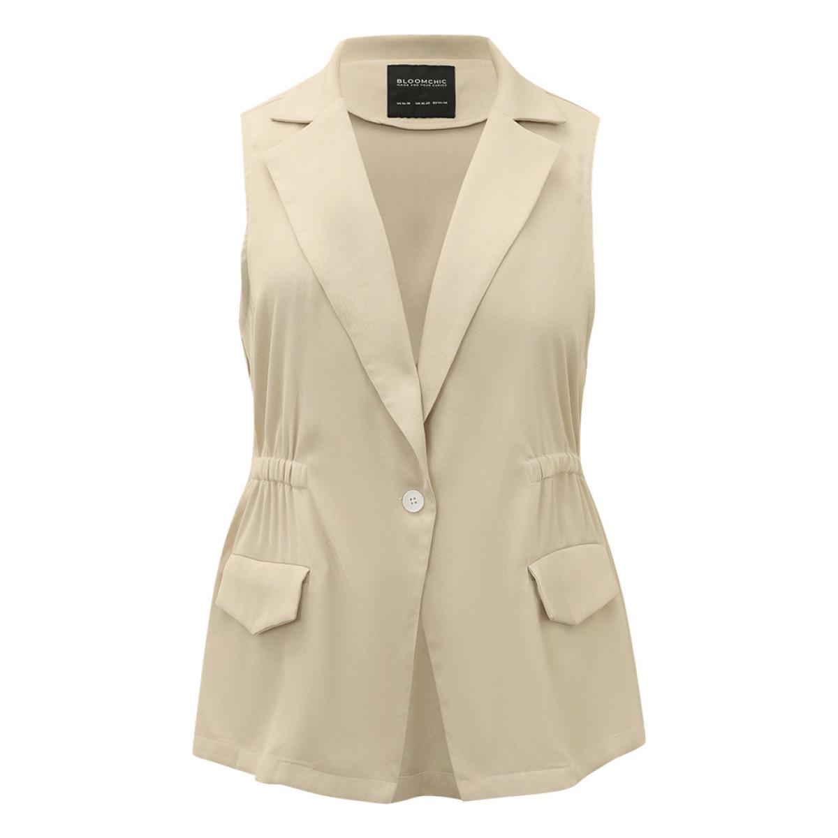 Plus Size Plain Suit Collar Pocket Sleeveless Blazer Beige Women Work Plain Plain Sleeveless Sleeveless Lapel Collar 12/L Pocket Office Blazers BloomChic Product Image