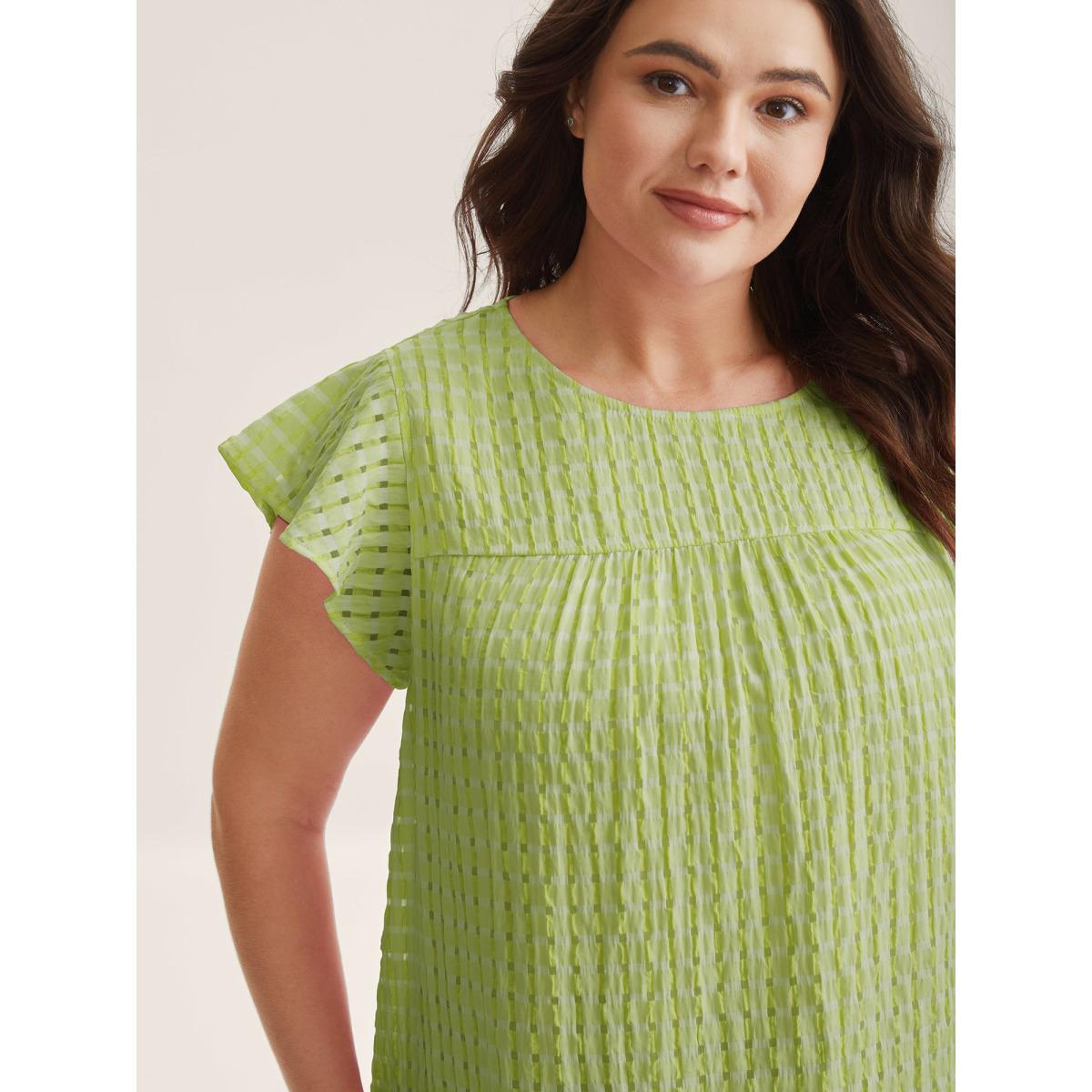 Plus Size Peach Textured Sheer Lined Flutter Sleeve Blouse Women Leisure Cap Sleeve Round Neck Casual Blouses BloomChic 12/L Product Image