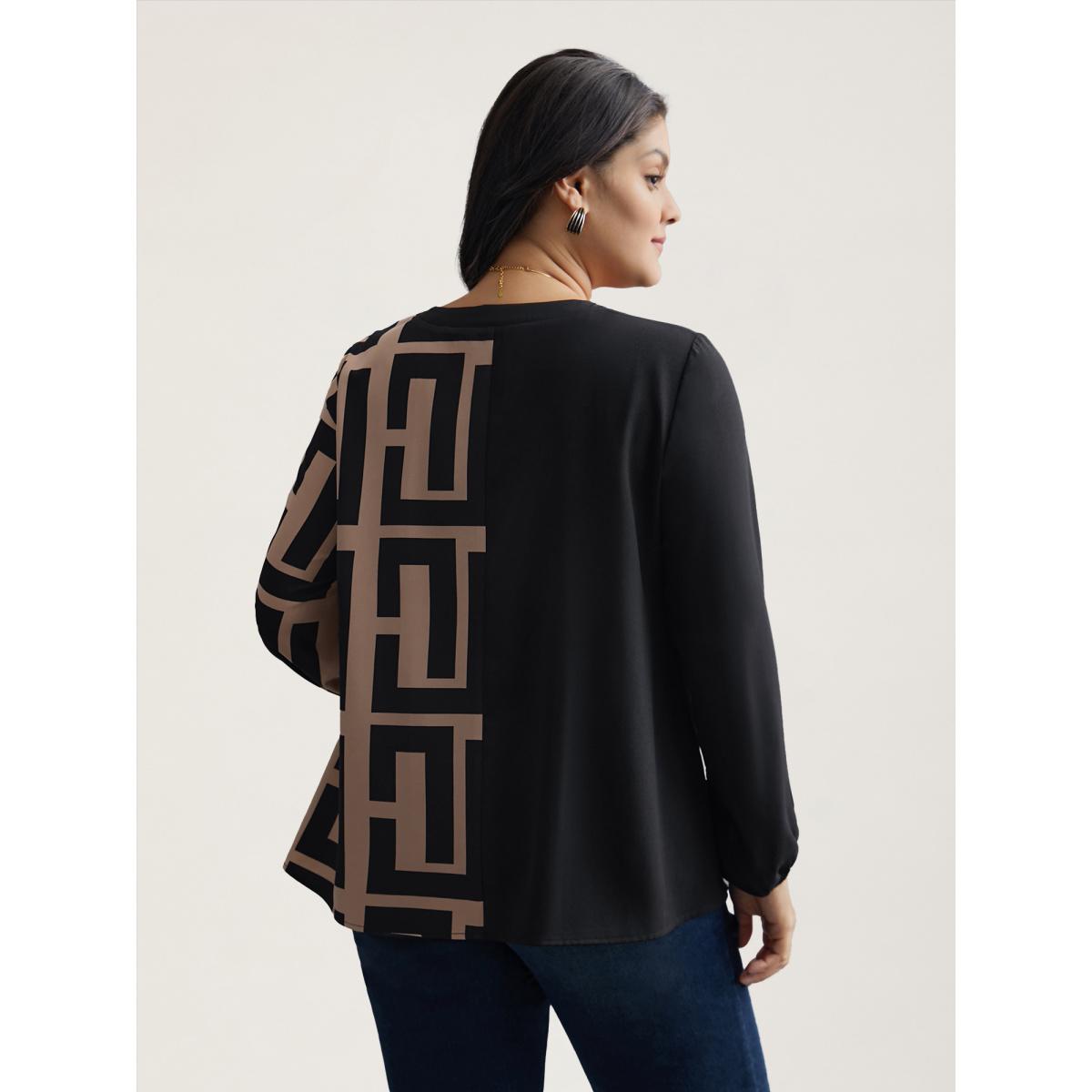 Plus Size Black Notched Geometric Colorblock Contrast Blouse Women At the Office Long Sleeve Notched collar Office Blouses BloomChic 12/L Product Image