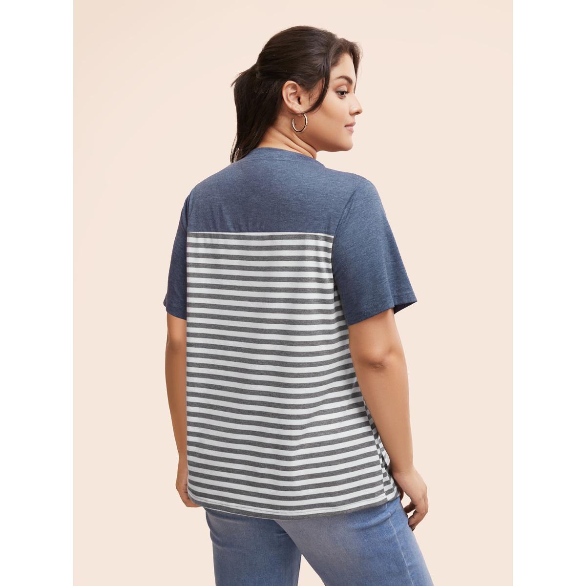 Plus Size Striped Patchwork Round Neck Patched Pocket T-shirt Multicolor Women Casual Patchwork Striped Round Neck Dailywear T-shirts BloomChic 26/4X Product Image