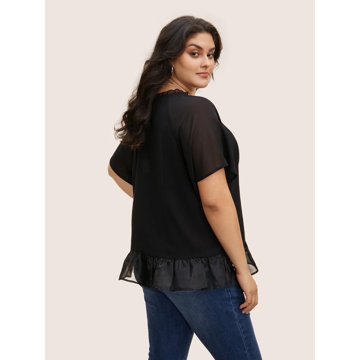 Plus Size Black V Neck Meah Patchwork Ruffle Trim Blouse Women Elegant Short sleeve V-neck Everyday Blouses BloomChic 14-16/1X Product Image
