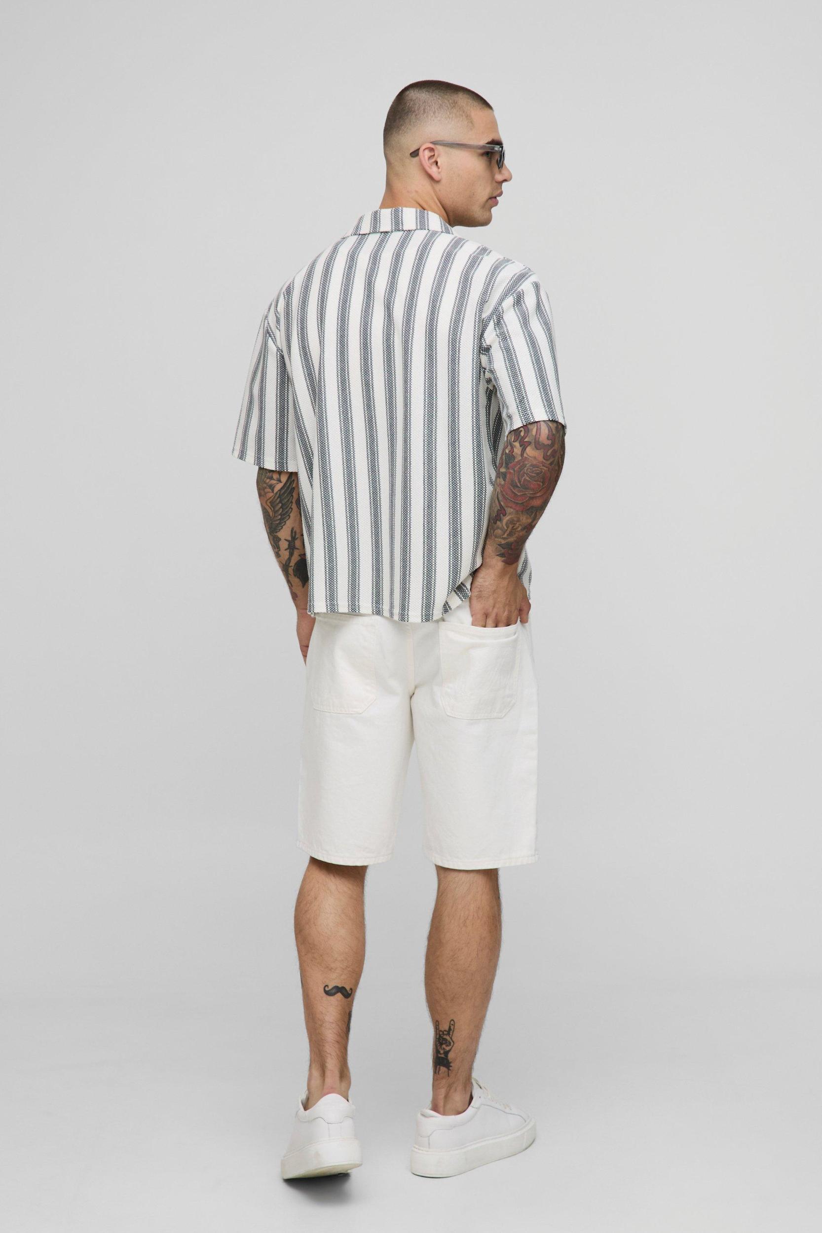 Oversized Boxy Popcorn Texture Striped Jersey Shirt | boohooMAN USA Product Image