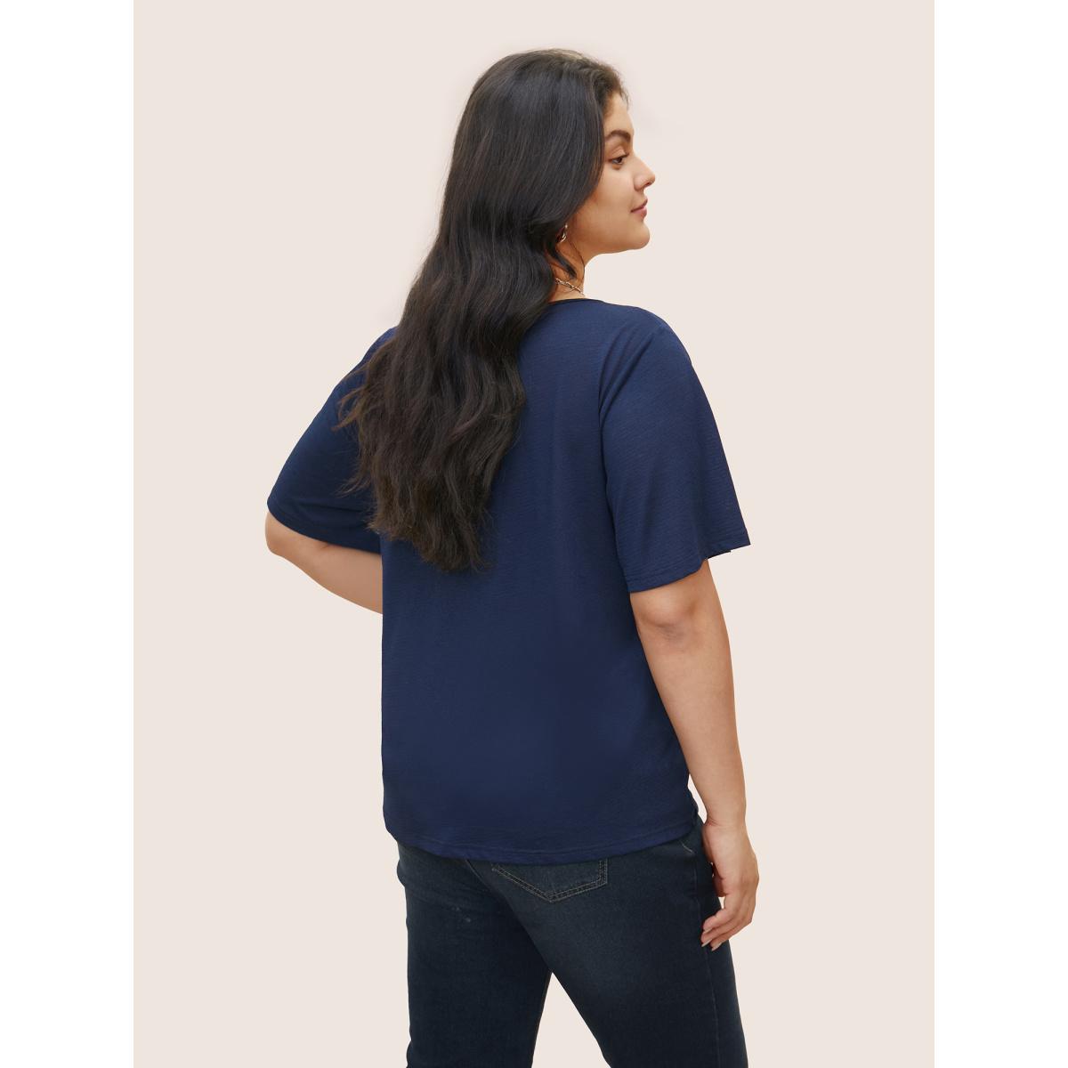 Plus Size Plain Twist Front Button Detail T-shirt Midnight Women Casual Tie knot Plain V-neck Everyday T-shirts BloomChic 10/M Product Image