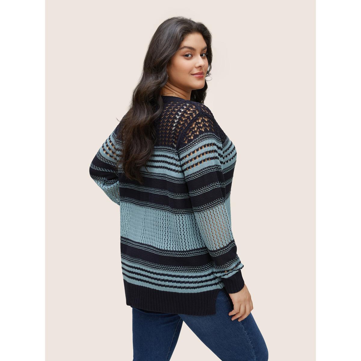 Plus Size Striped Colorblock Patchwork Split Side Pullover LightBlue Women Casual Long Sleeve Round Neck Everyday Pullovers BloomChic 10/M Product Image