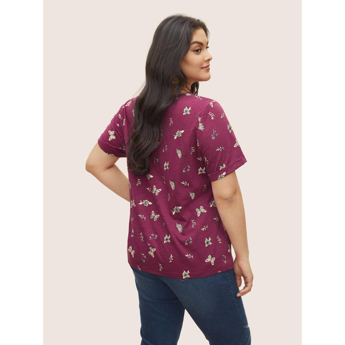 Plus Size Butterfly Print Cuffed Sleeve T-shirt Purple Women Resort Non Animal Round Neck Vacation T-shirts BloomChic 30/6X Product Image