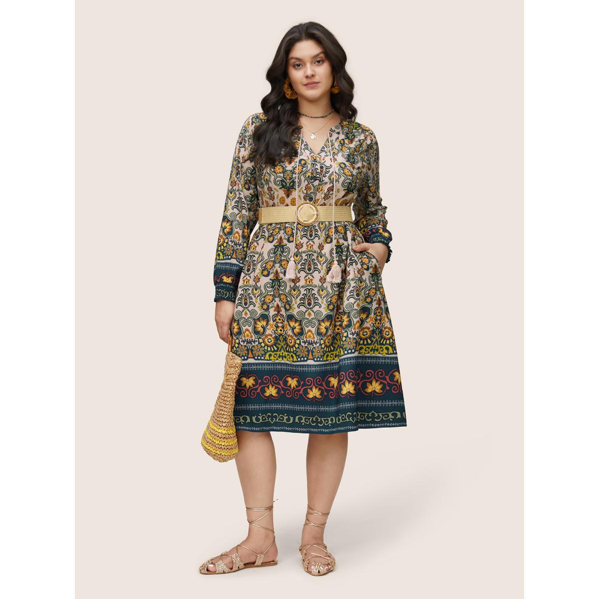 Plus Size Bandana Print Tassels Ties Shirred Cuffs Dress DarkGreen Women Vacation Tassels Tie Neck Long Sleeve Curvy Midi Dress BloomChic 22-24/3X Product Image