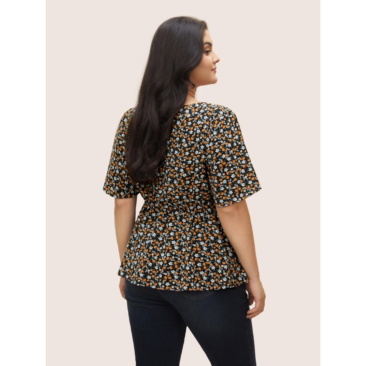 Plus Size Black Ditsy Floral Keyhole Elastic Waist Ruffle Sleeve Blouse Women Elegant Short sleeve Notched collar Everyday Blouses BloomChic 28/5X Product Image