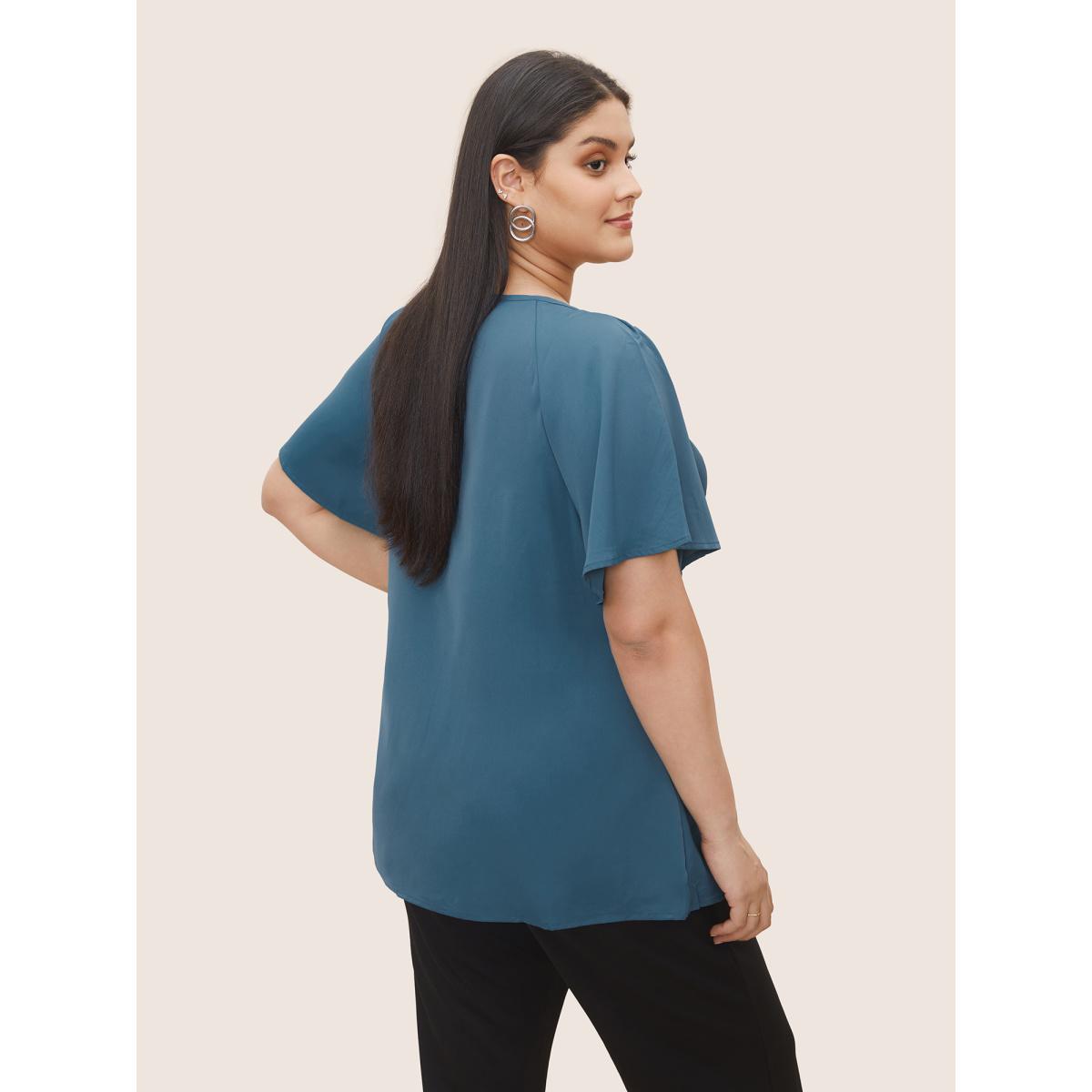 Plus Size Mint Plain Keyhole Knotted Front Ruffle Sleeve Blouse Women Work From Home Short sleeve Round Neck Work Blouses BloomChic 18-20/2X Product Image