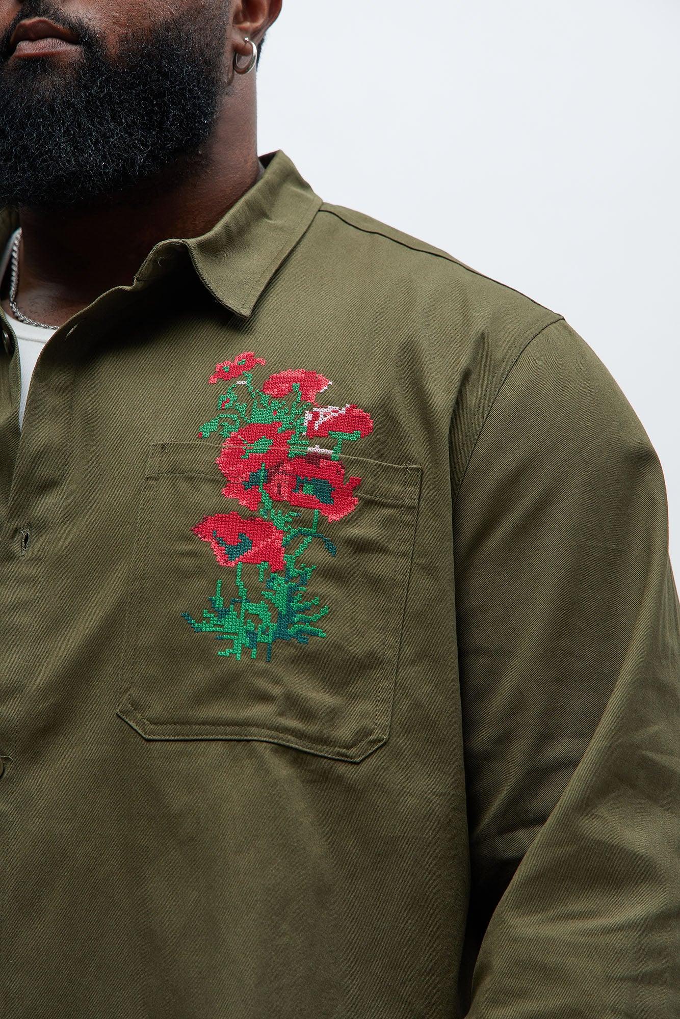 I Got You Embroidery Button Up Shirt - Olive Product Image