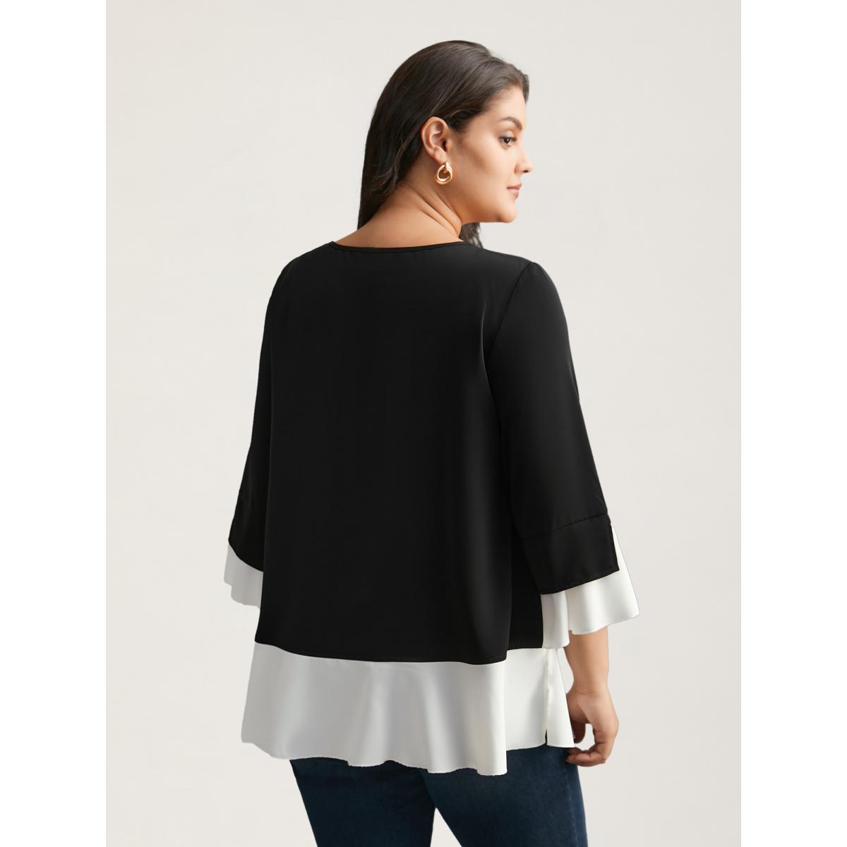 Plus Size Black Contrast Patchwork Bell Sleeve Blouse Women Romantic Elbow-length sleeve Round Neck Elegant Blouses BloomChic 10/M Product Image