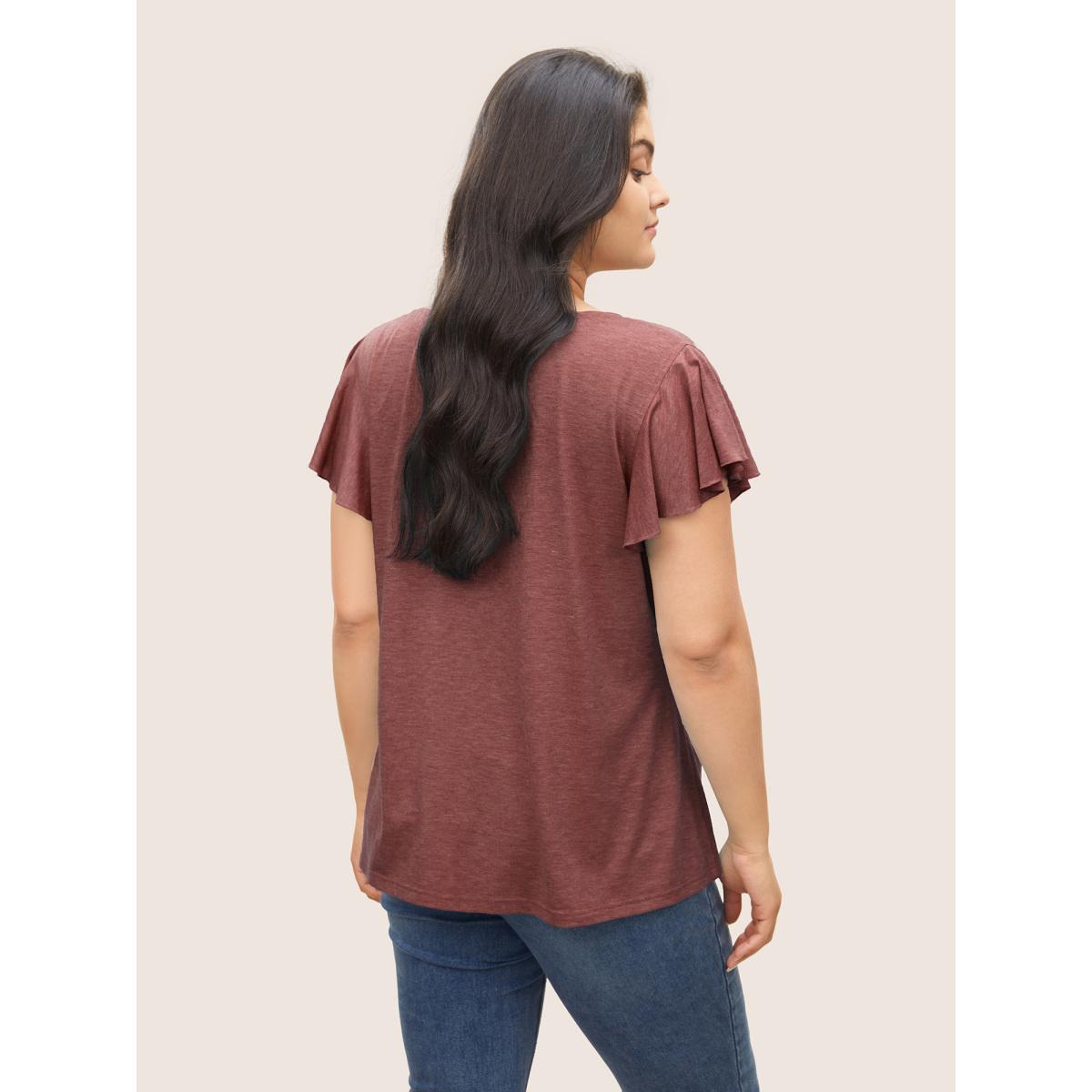 Plus Size Solid Heather Gathered Ruffle Sleeve T-shirt Russet Women Timeless Non V-neck Elegant T-shirts BloomChic 12/L Product Image