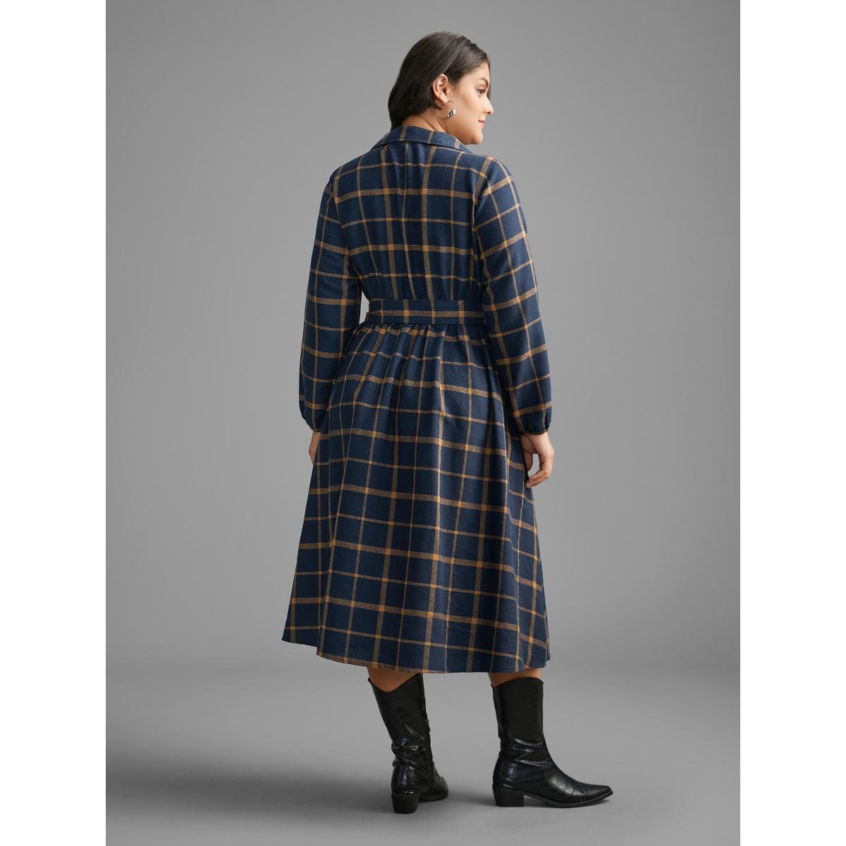 Plus Size Plaid Button Through Belted Dress DarkBlue Women Casual Belted Shirt collar Long Sleeve Curvy BloomChic 14-16/1X Product Image