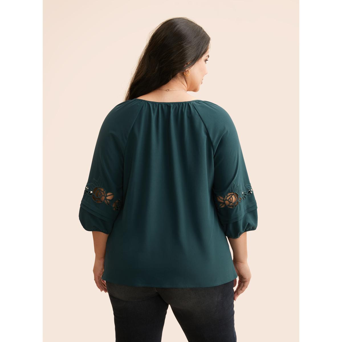 Plus Size DarkGreen Broderie Anglaise Gathered Tie Knot Blouse Women Elegant Elbow-length sleeve V-neck Everyday Blouses BloomChic 18-20/2X Product Image