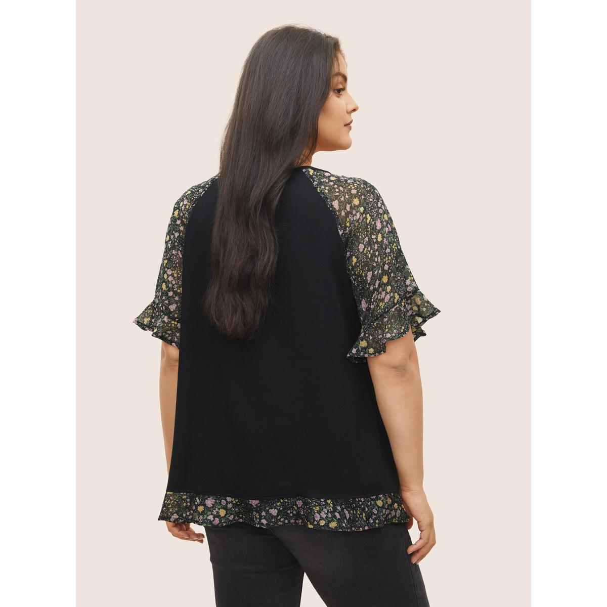 Plus Size Black Ditsy Floral Patchwork Ties Flutter Sleeve Blouse Women Elegant Short sleeve V-neck Everyday Blouses BloomChic 18-20/2X Product Image