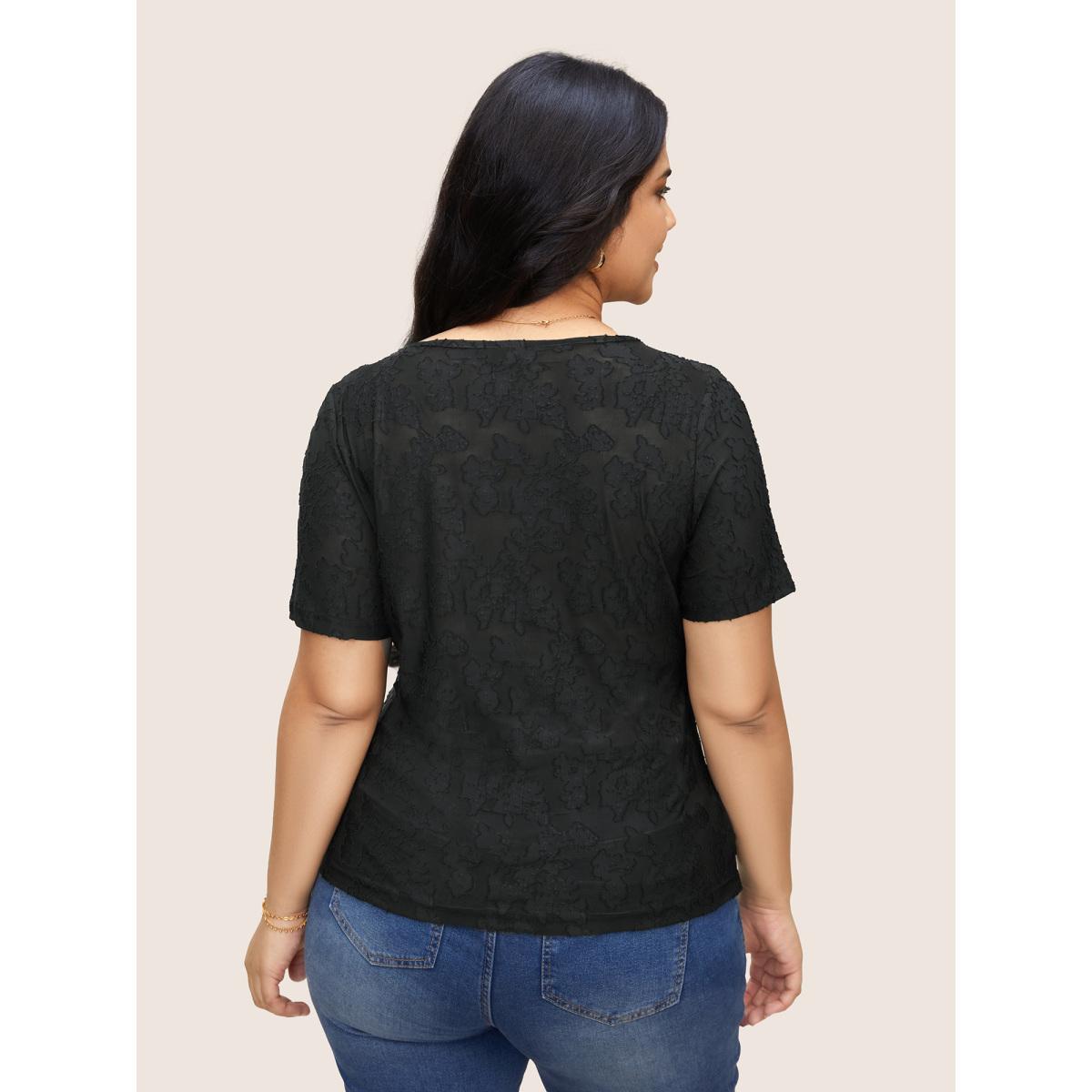 Plus Size Square Neck Plain Textured T-shirt Black Women Elegant Texture Square Neck Everyday T-shirts BloomChic 18-20/2X Product Image