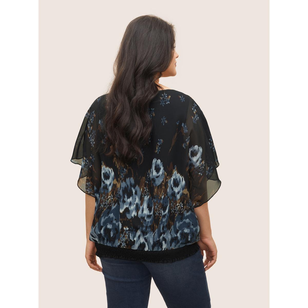 Plus Size Black Pixel Flower Shirred Batwing Sleeve Blouse Women Romantic Half Sleeve U-neck Elegant Blouses BloomChic 12/L Product Image
