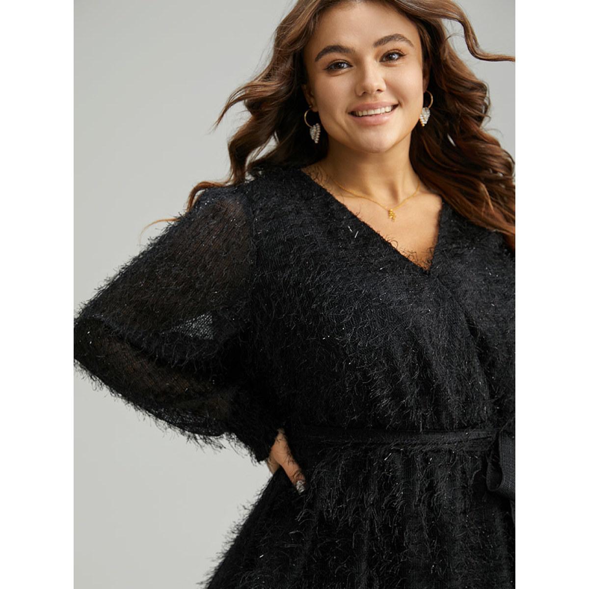 Plus Size Black Solid Tassel Mesh Patchwork Belted Wrap Blouse Women Glamour Long Sleeve Overlap Collar Festival-Christmas Blouses BloomChic 18-20/2X Product Image