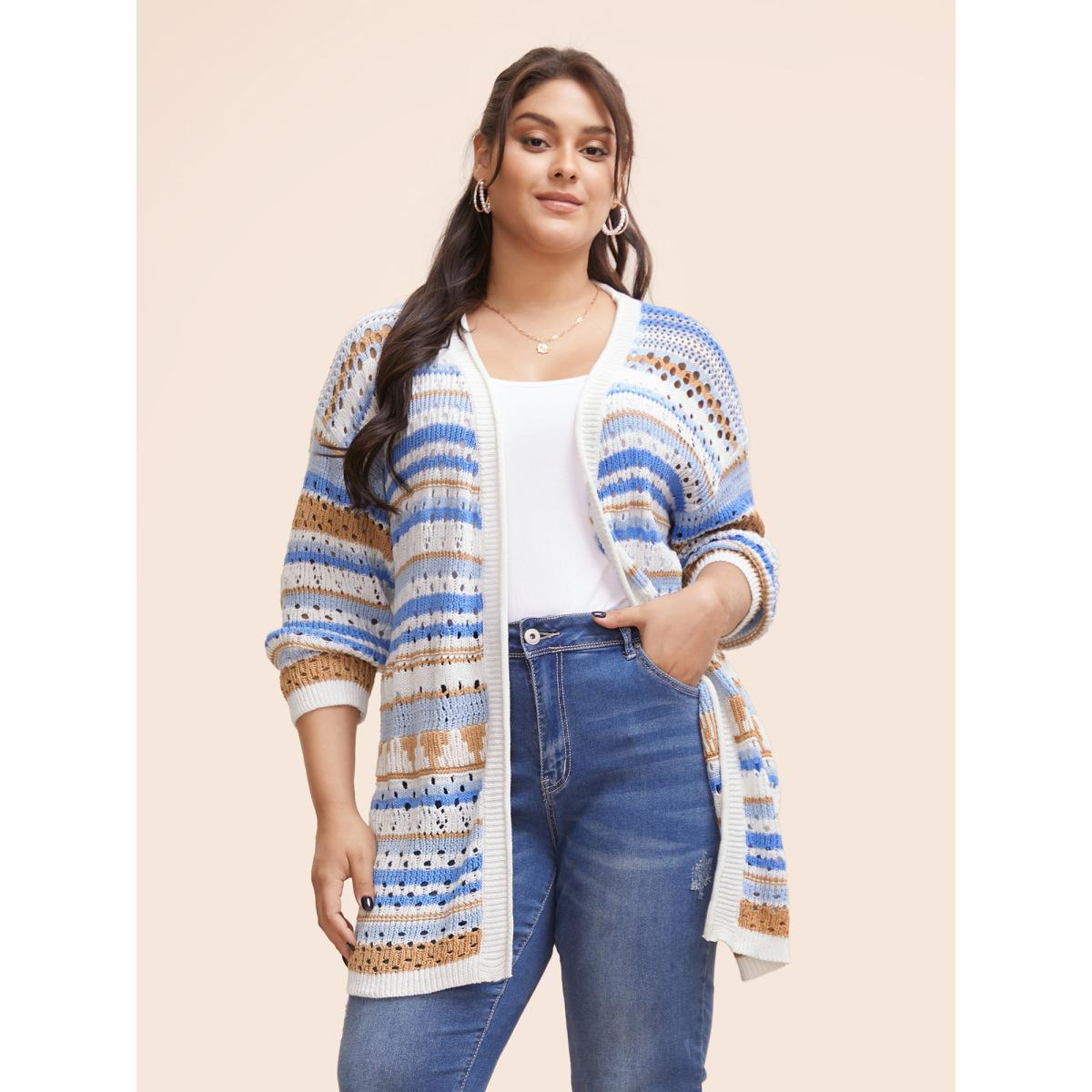 Plus Size Cotton Contrast Striped Cut Out Cardigan LightBlue Women Playful Loose Long Sleeve Casual Cardigans BloomChic 22-24/3X Product Image