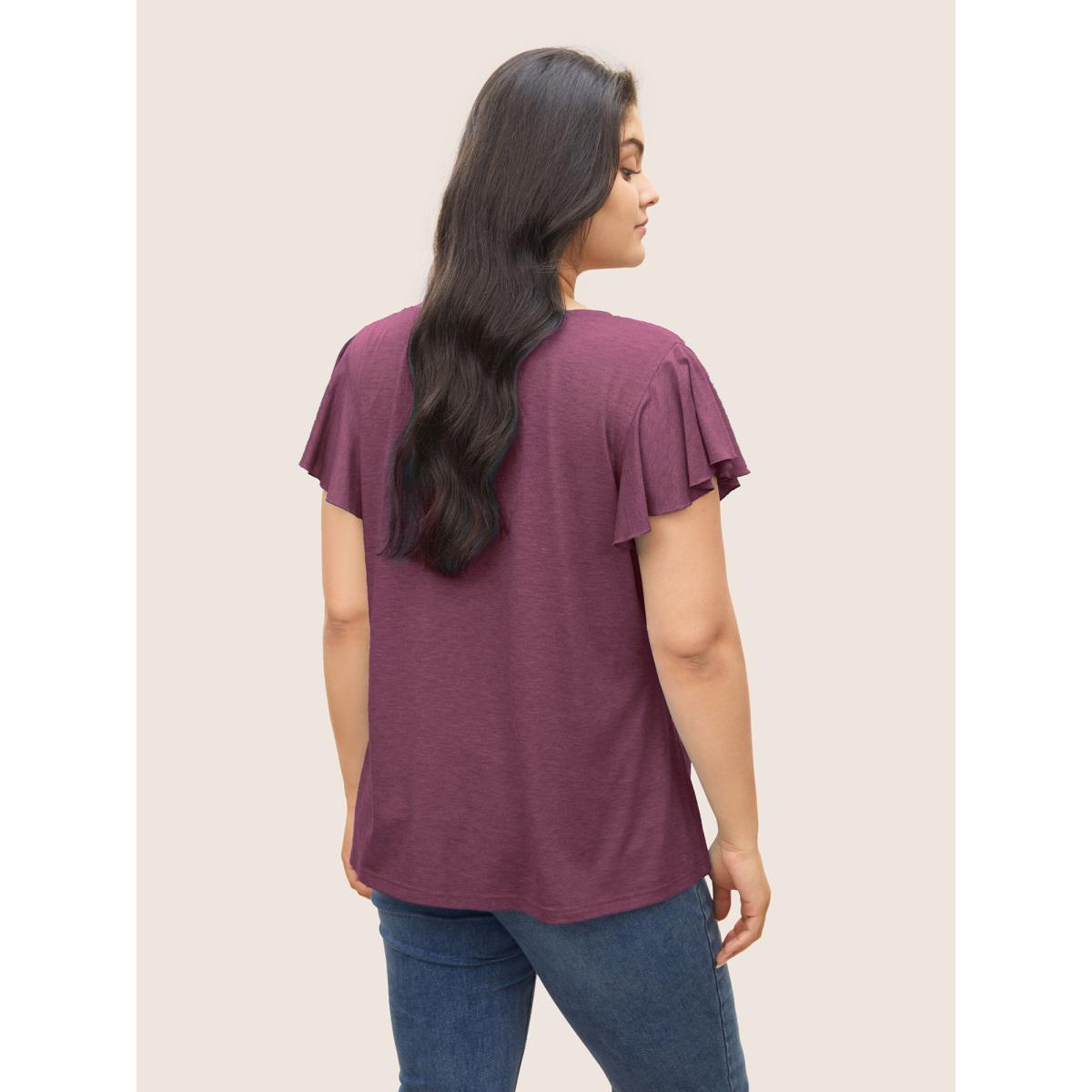 Plus Size Solid Heather Gathered Ruffle Sleeve T-shirt RedViolet Women Timeless Non V-neck Elegant T-shirts BloomChic 30/6X Product Image