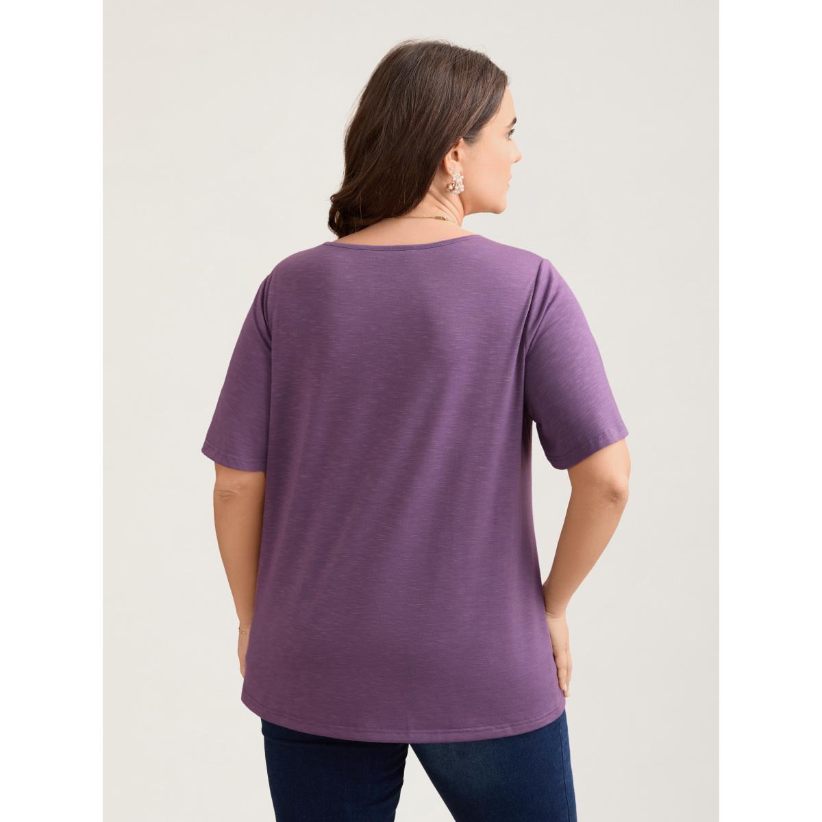 Plus Size Bamboo Textured Pleated Shoulder Button T-Shirt Mauve Women Timeless Gathered V-neck Elegant T-shirts BloomChic 30/6X Product Image