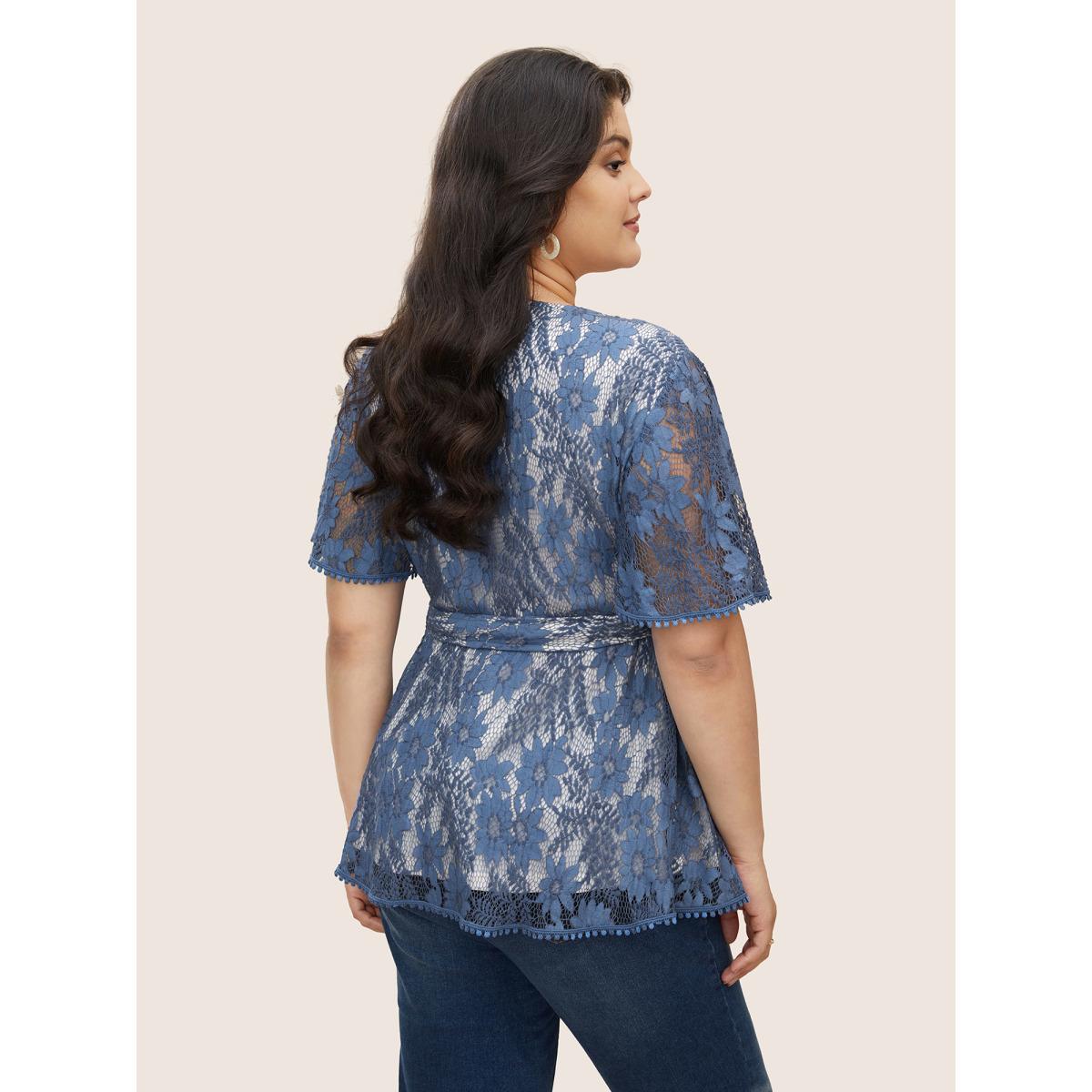 Plus Size DarkBlue Floral Crochet Lace Mesh Pompom Trim Blouse Women Elegant Short sleeve Overlap Collar Everyday Blouses BloomChic 10/M Product Image
